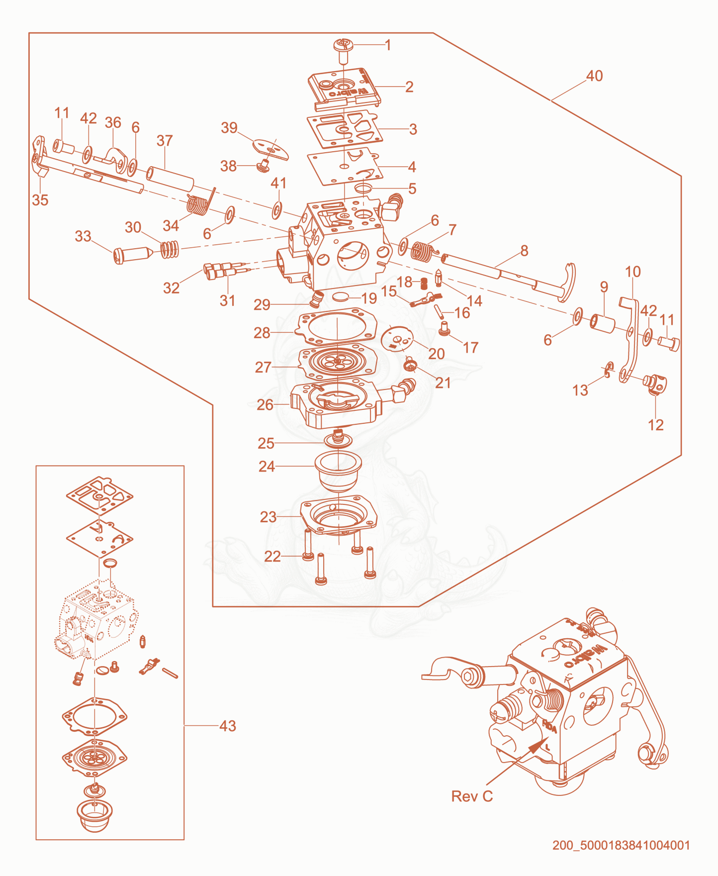 Exploded parts diagram of the Carburetor cpl. Rev-C of a Wacker Neuson BS50-2I, with numbered balloons