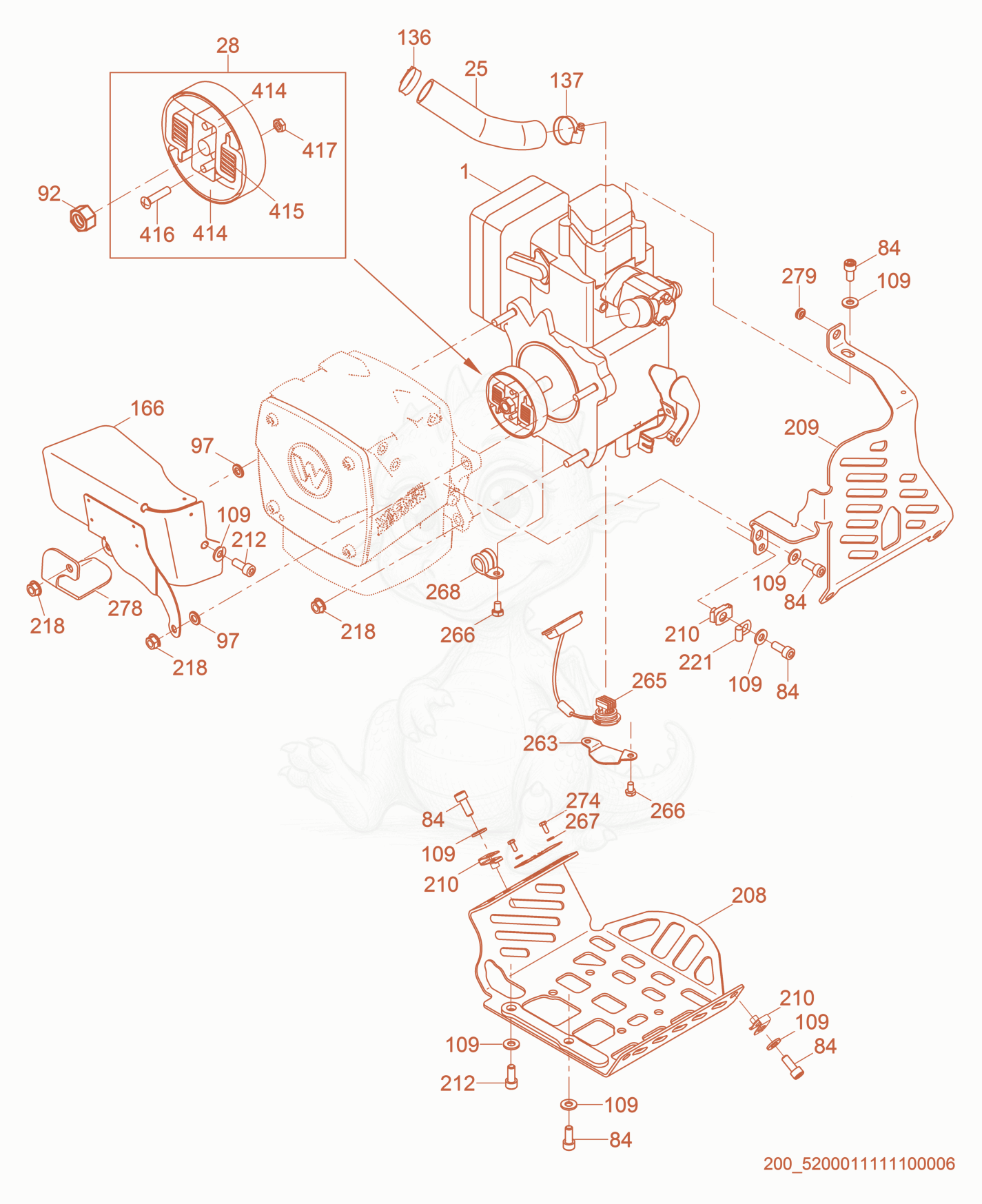Exploded parts diagram of the Engine Guarding of a Wacker Neuson BS60-4S, with numbered balloons