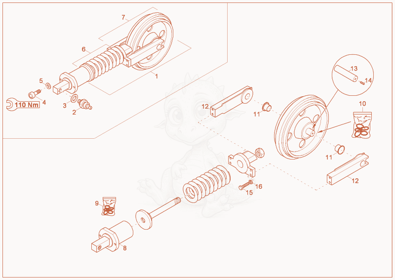 Exploded parts diagram of the track tensioner complete of a Wacker Neuson 5002RD, with numbered balloons