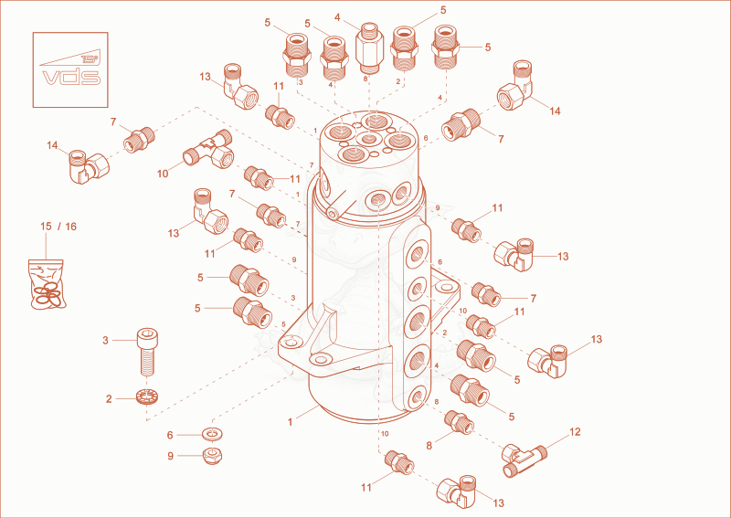 Exploded parts diagram of the rotary junction of a Wacker Neuson EZ36, with numbered balloons