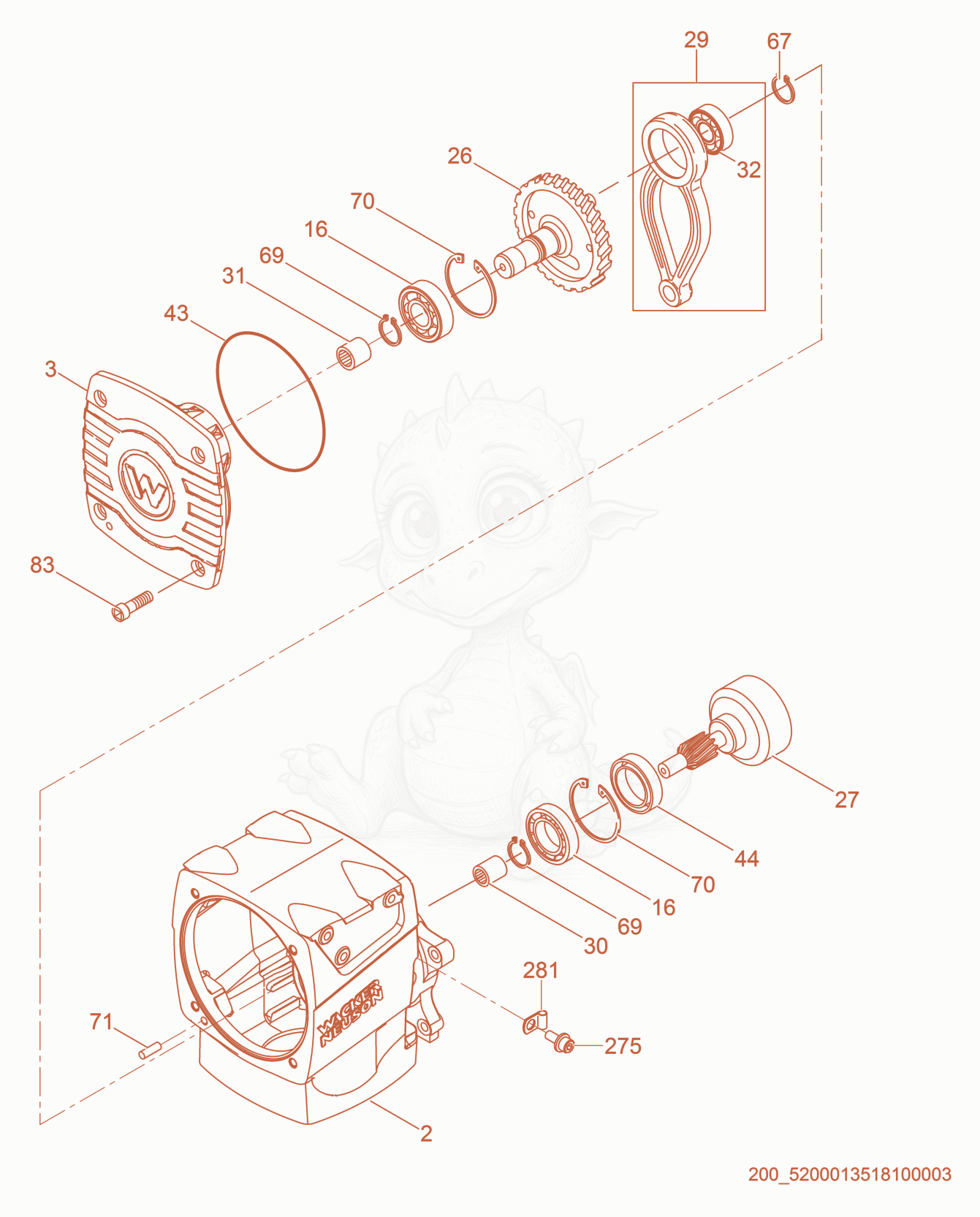 Exploded parts diagram of the Crankcase cpl. of a Wacker Neuson MS54, with numbered balloons