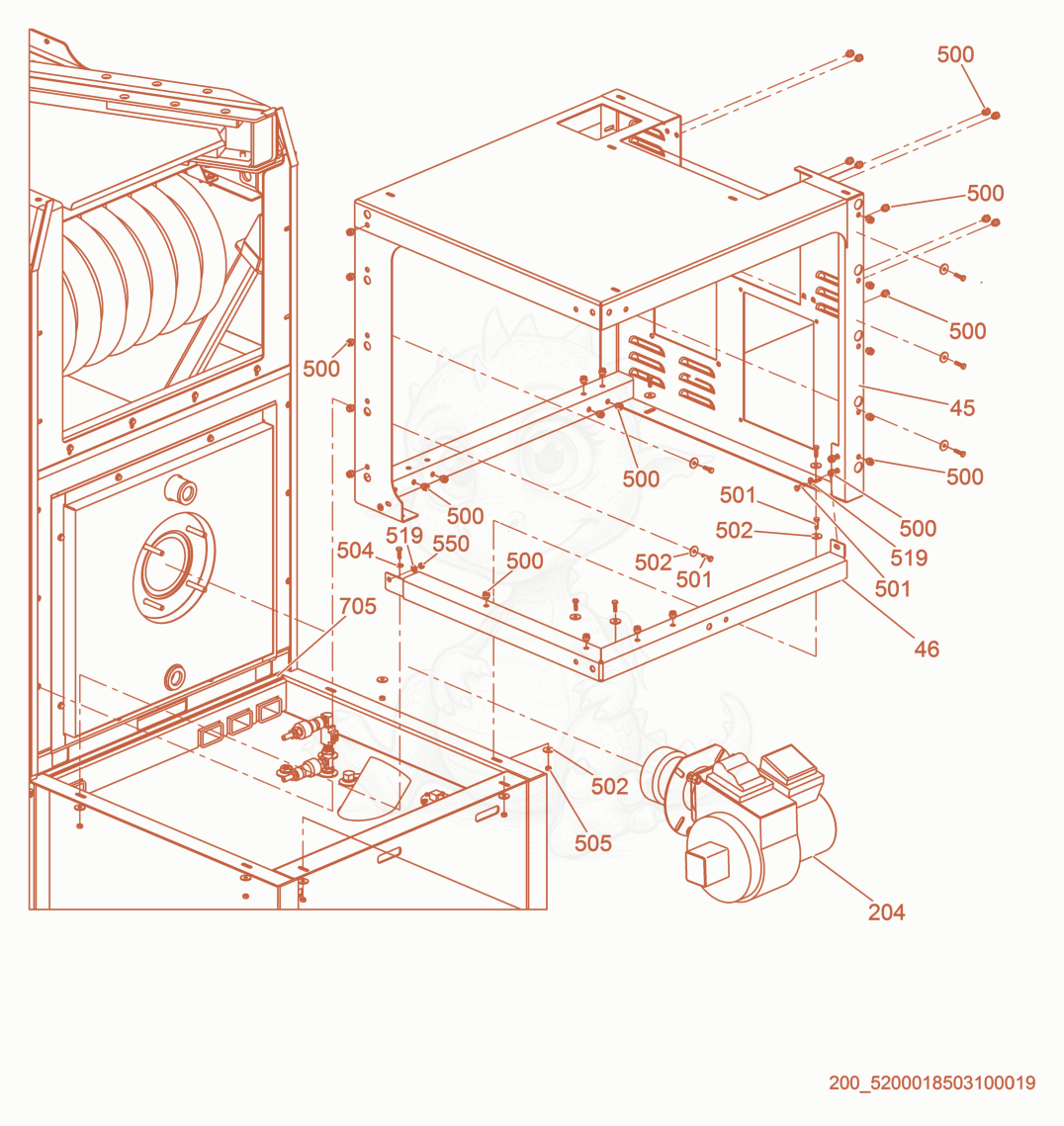 Exploded parts diagram of the Burner Box of a Wacker Neuson HI260, with numbered balloons