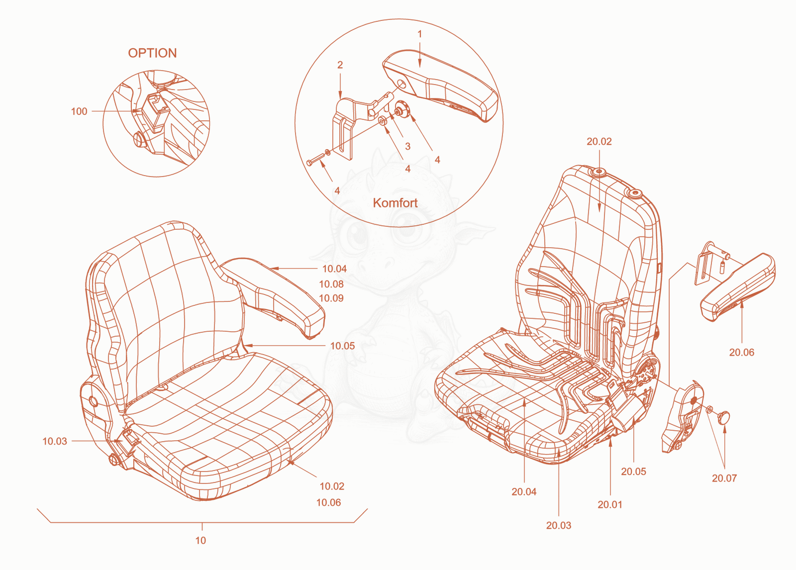 Exploded parts diagram of the operator's seat with adjustment of a Wacker Neuson RC110PCAB, with numbered balloons