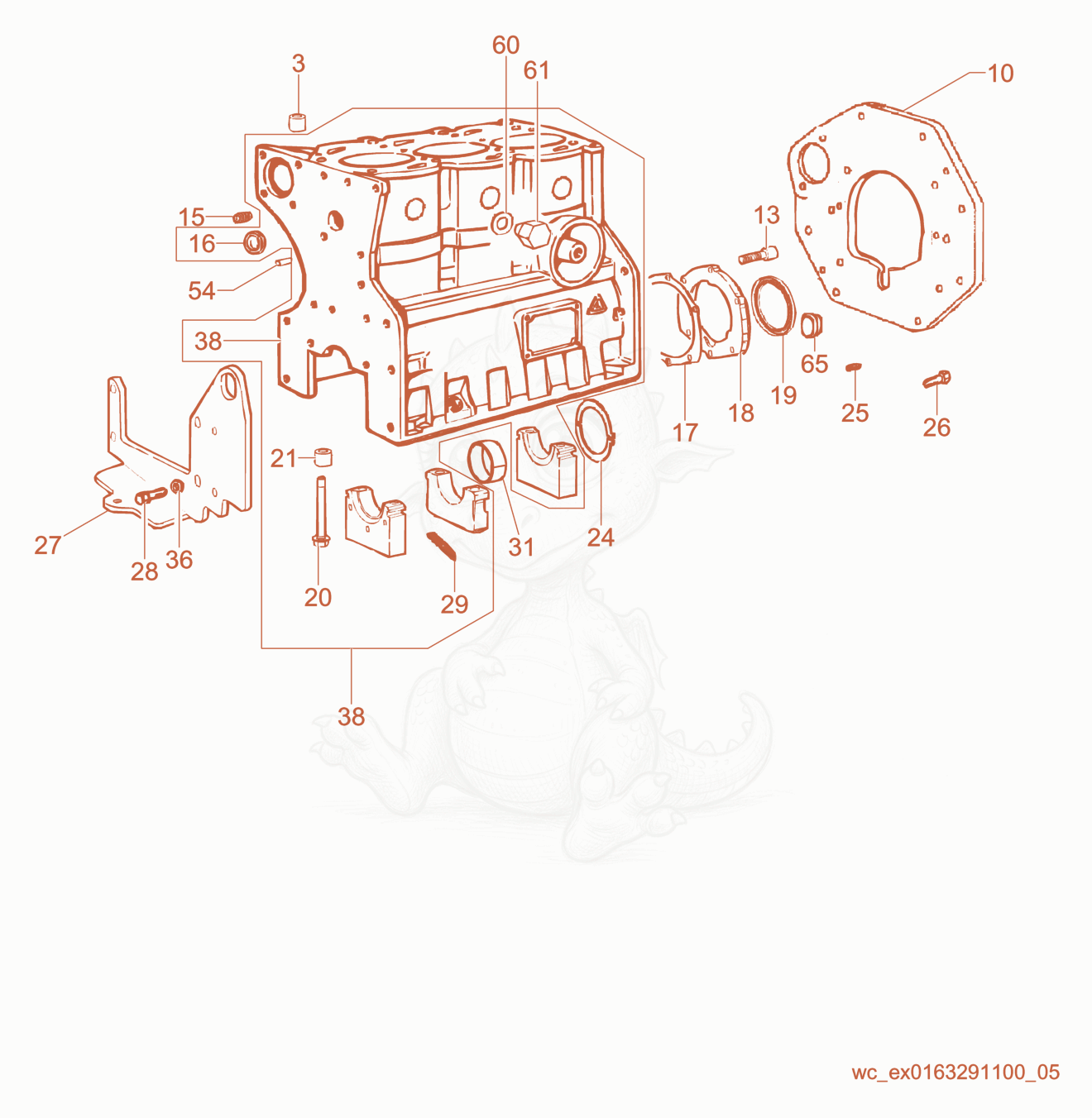 Exploded parts diagram of the Crankcase cpl. of a Wacker Neuson RD16-100, with numbered balloons
