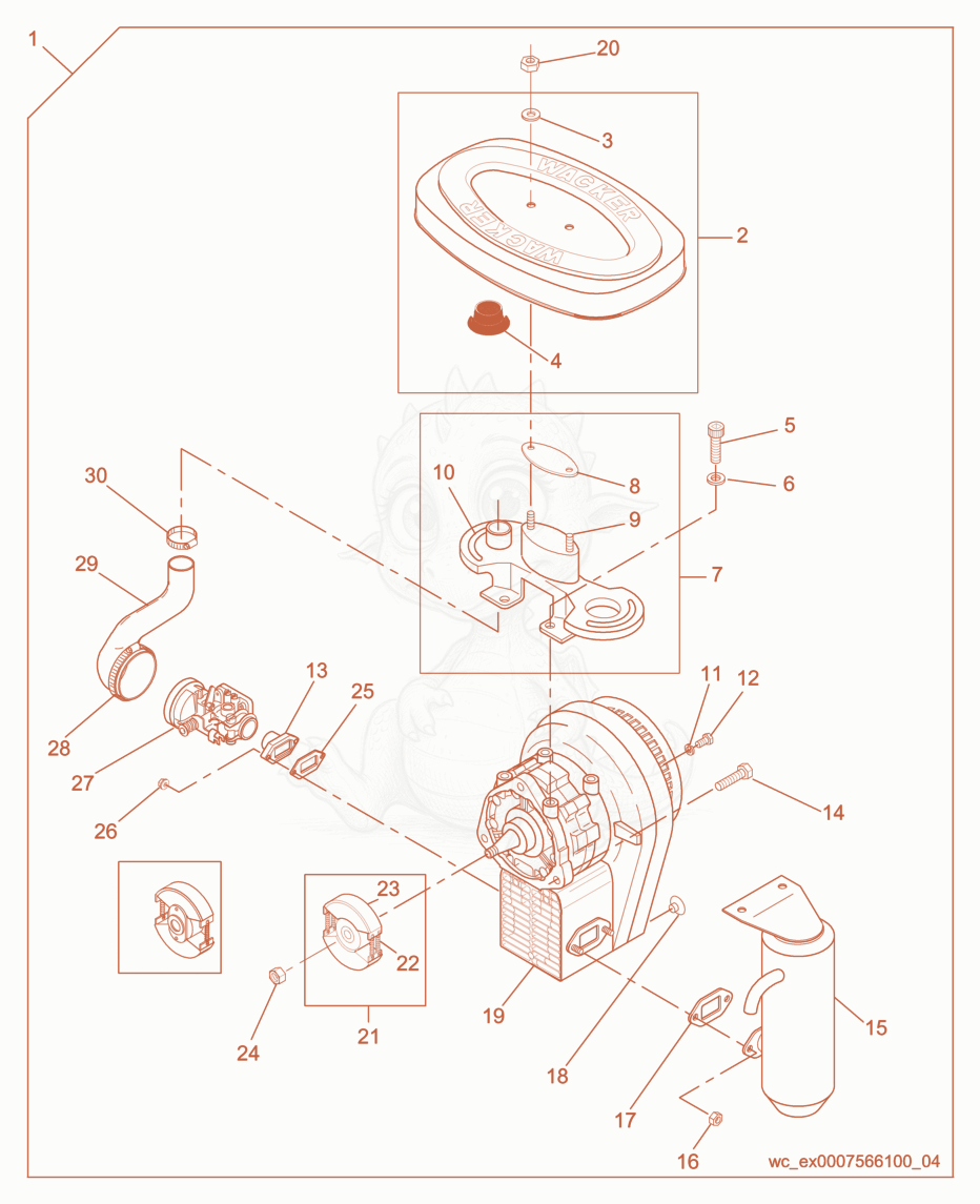 Despiece del Engine cpl. de una máquina Wacker Neuson BS65Y, con globos numerados