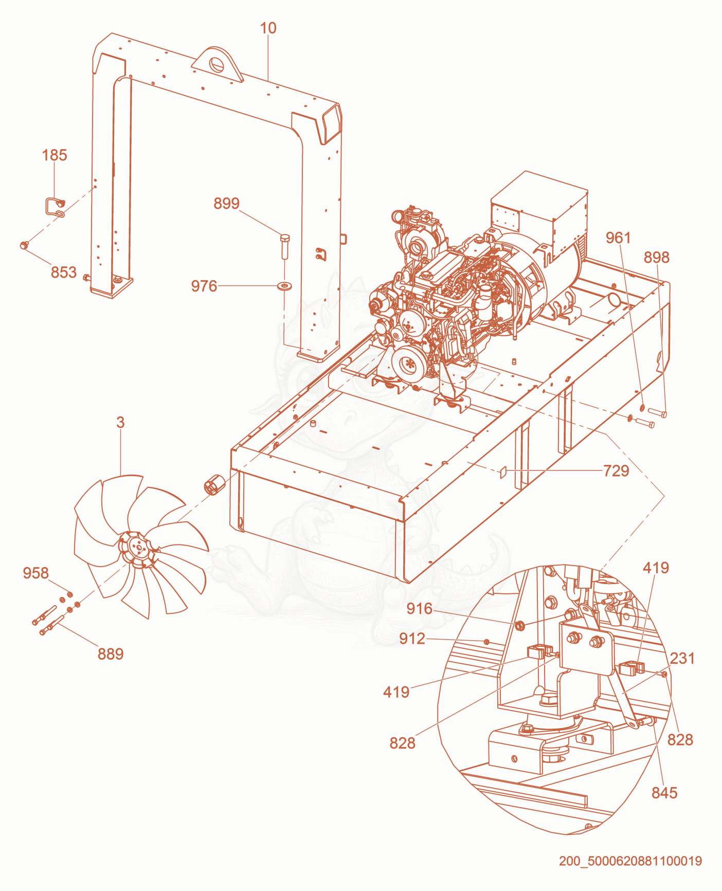 Exploded parts diagram of the Generator/Engine of a Wacker Neuson G150, with numbered balloons