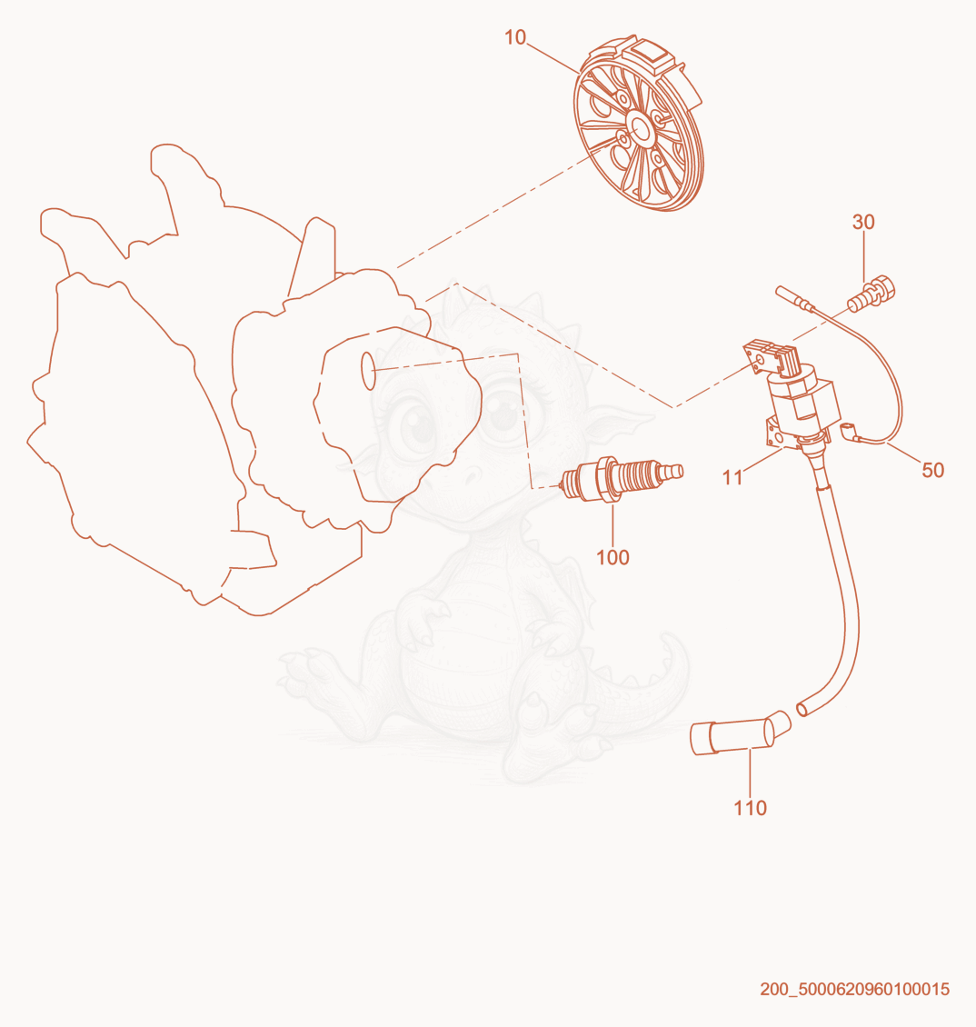Despiece del Flywheel/Ignition Coil de una máquina Wacker Neuson GPI3200, con globos numerados