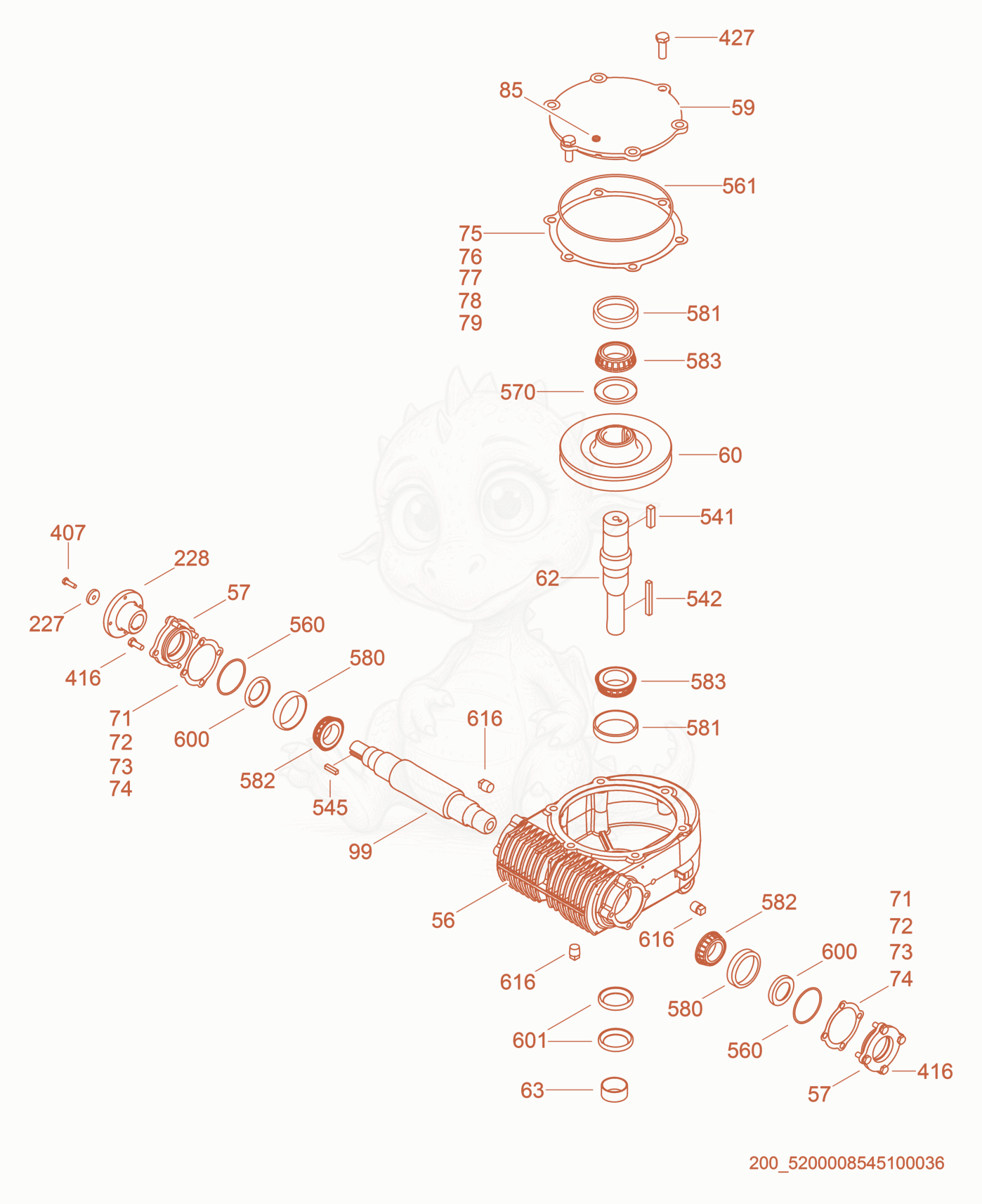 Exploded parts diagram of the Gearbox/Left of a Wacker Neuson CRTV36-26A, with numbered balloons