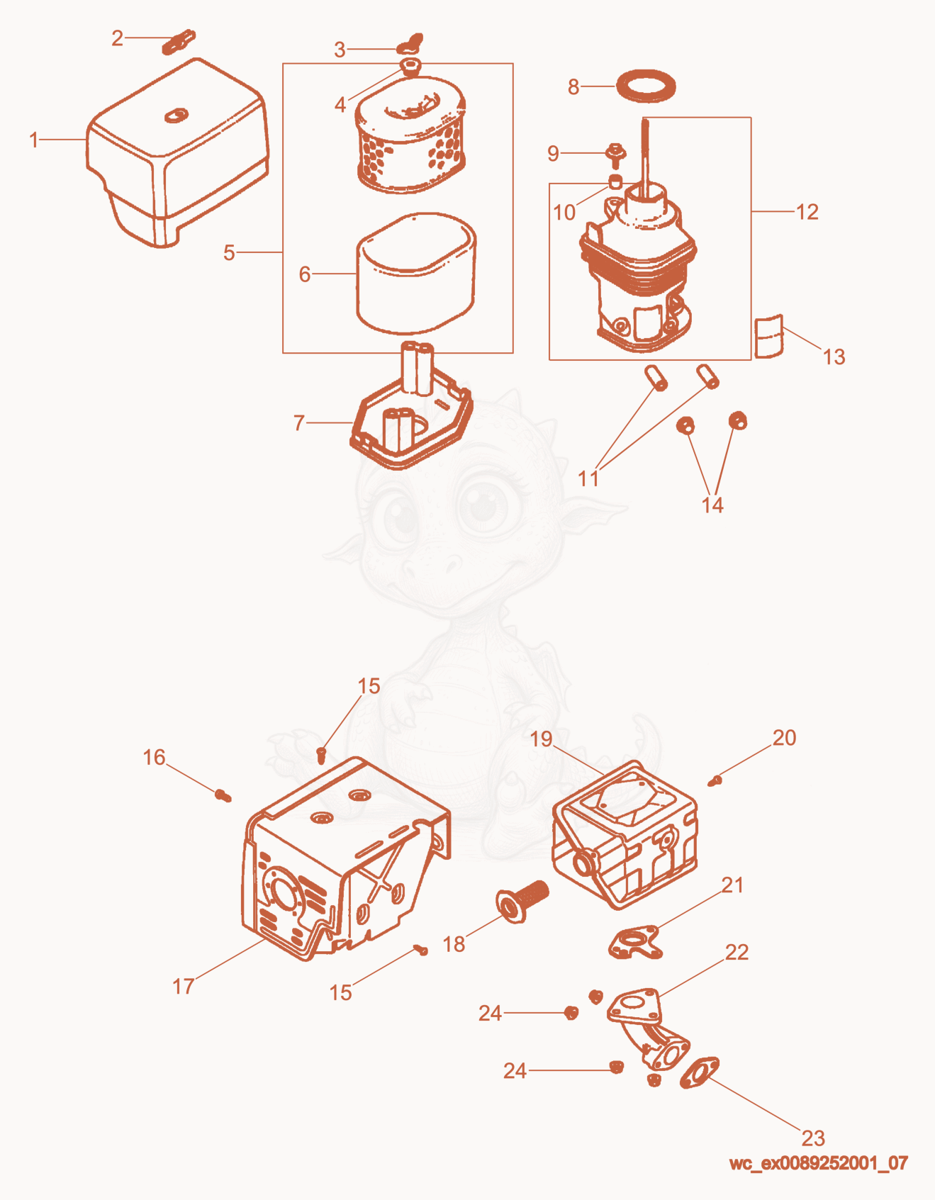 Exploded parts diagram of the Air Cleaner/Muffler of a Wacker Neuson GS5.6A, with numbered balloons