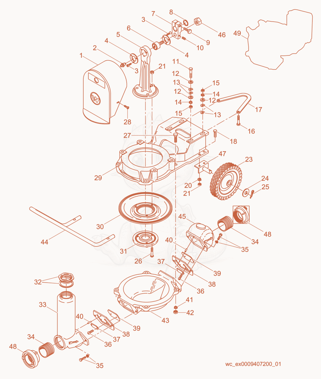 Exploded parts diagram of the Pump Components of a Wacker Neuson PDI3A, with numbered balloons