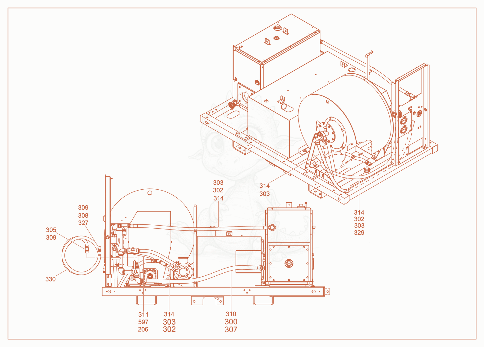 Exploded parts diagram of the Hoses of a Wacker Neuson E1250B, with numbered balloons