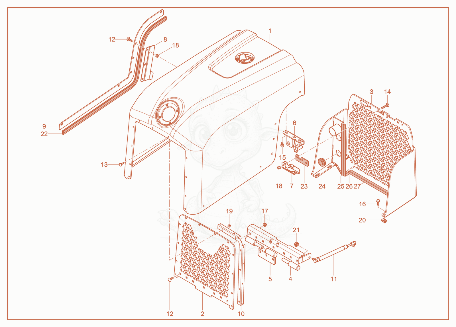 Exploded parts diagram of the Front Hood of a Wacker Neuson RTSC3, with numbered balloons