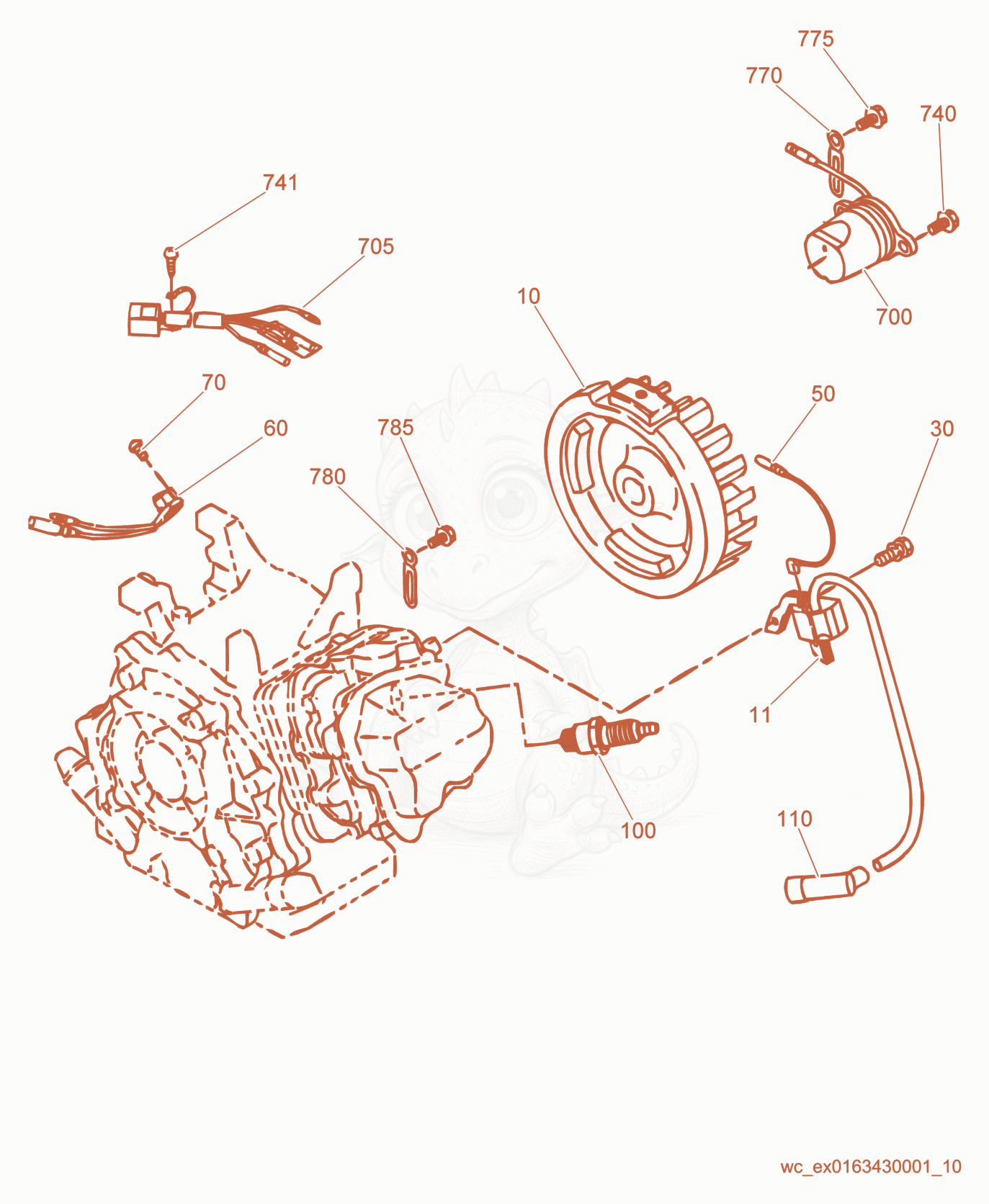 Despiece del Flywheel/Ignition Coil de una máquina Wacker Neuson CT48-9, con globos numerados
