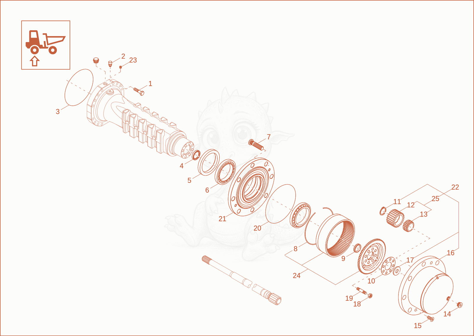 Exploded parts diagram of the AXLE CASE, WHEEL HUB of a Wacker Neuson DW50-2, with numbered balloons