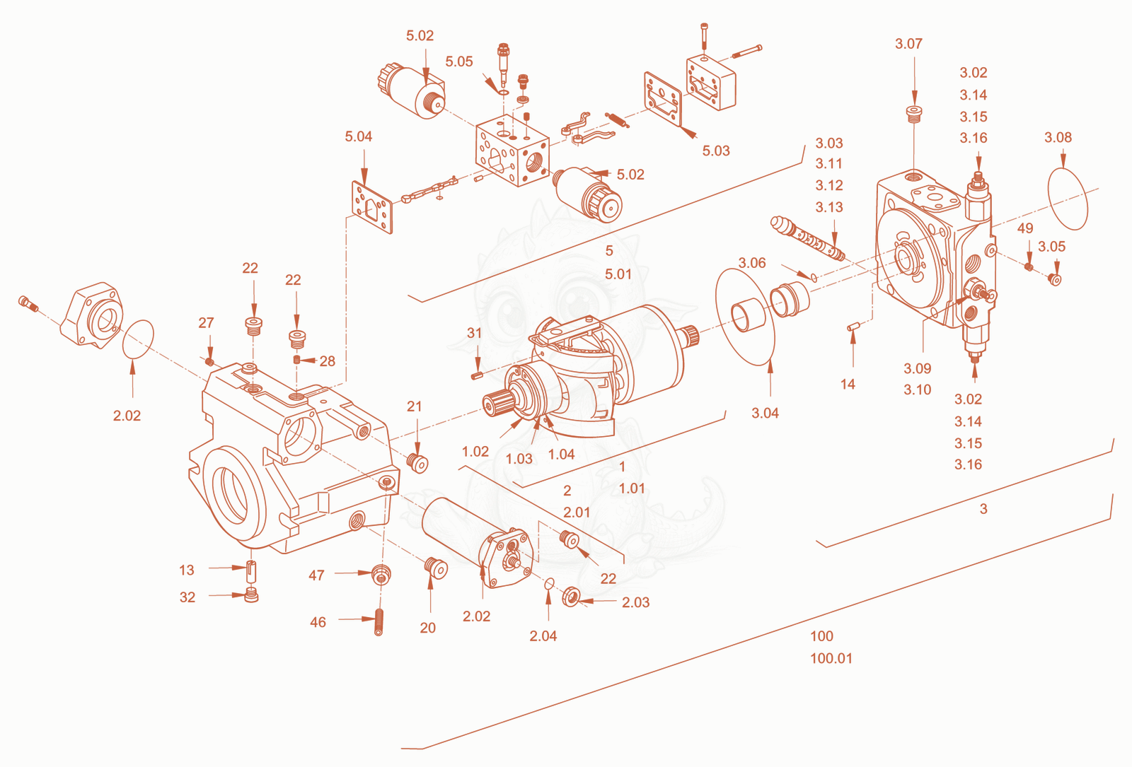 Exploded parts diagram of the variable displac. pump (drive) of a Wacker Neuson RC110PUSROPS, with numbered balloons