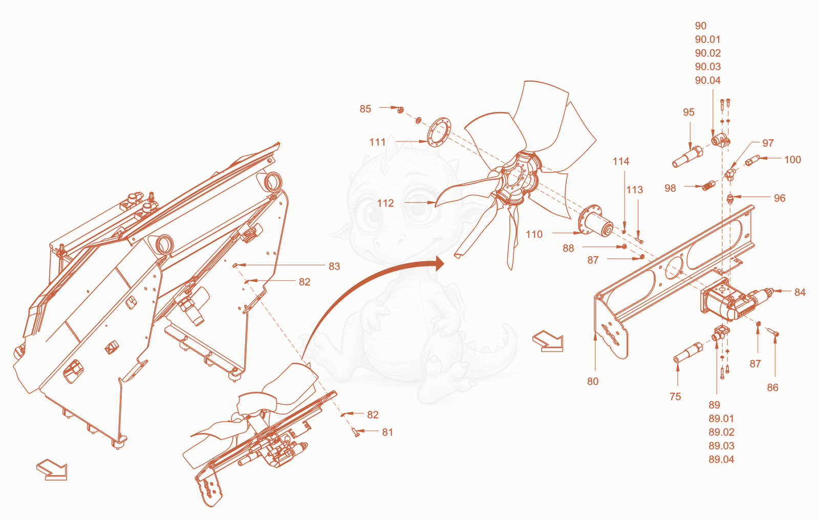 Exploded parts diagram of the cooling (engine/hydraulic oil) of a Wacker Neuson RC110USROPS, with numbered balloons