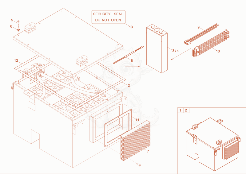 Exploded parts diagram of the BATTERY 1 of a Wacker Neuson DT10E, with numbered balloons