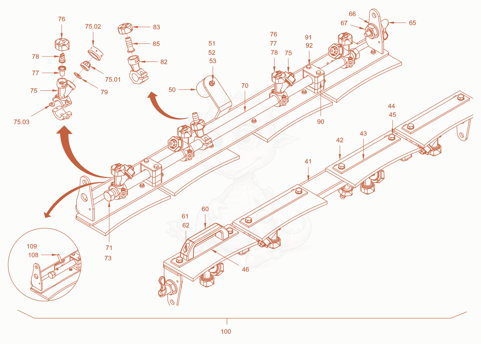 Exploded parts diagram of the scraper of a Wacker Neuson RD24-100CE, with numbered balloons