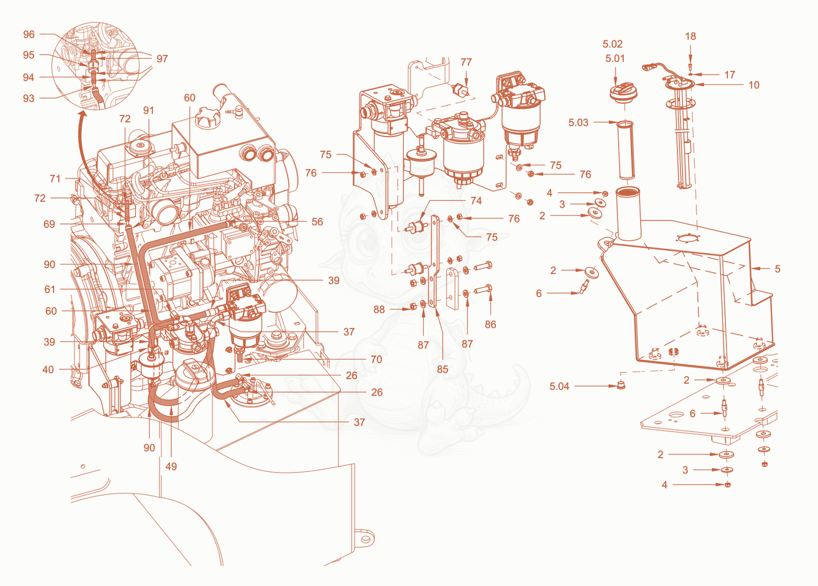 Exploded parts diagram of the fuel system of a Wacker Neuson RD24-100OUS, with numbered balloons