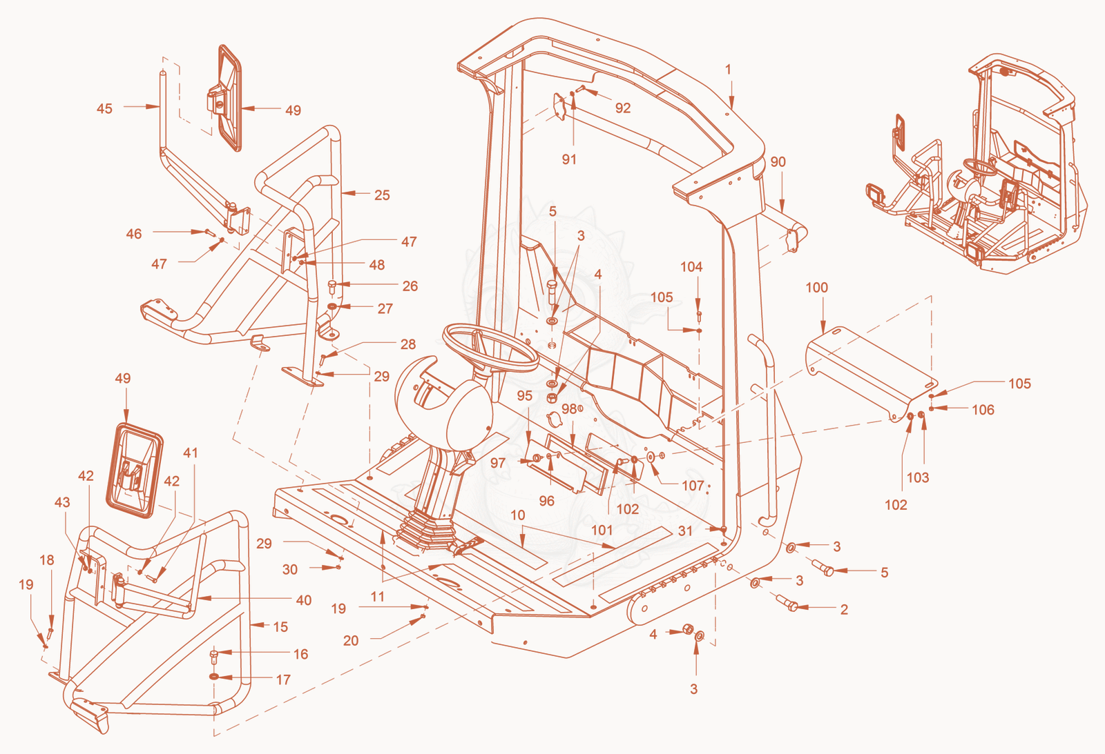 Exploded parts diagram of the roll over protection of a Wacker Neuson RC110, with numbered balloons