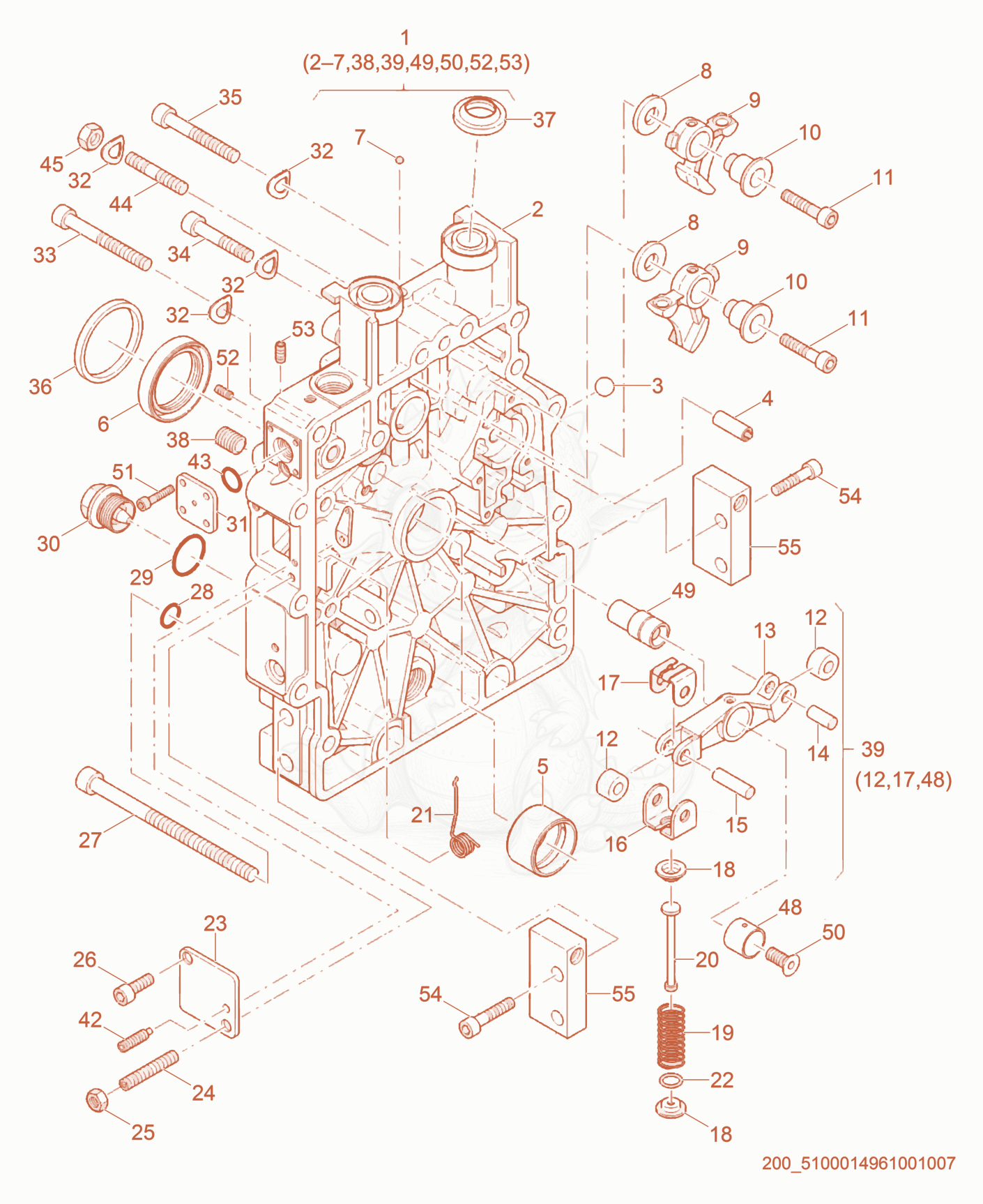 Despiece del Timing Cover de una máquina Wacker Neuson PT2H, con globos numerados