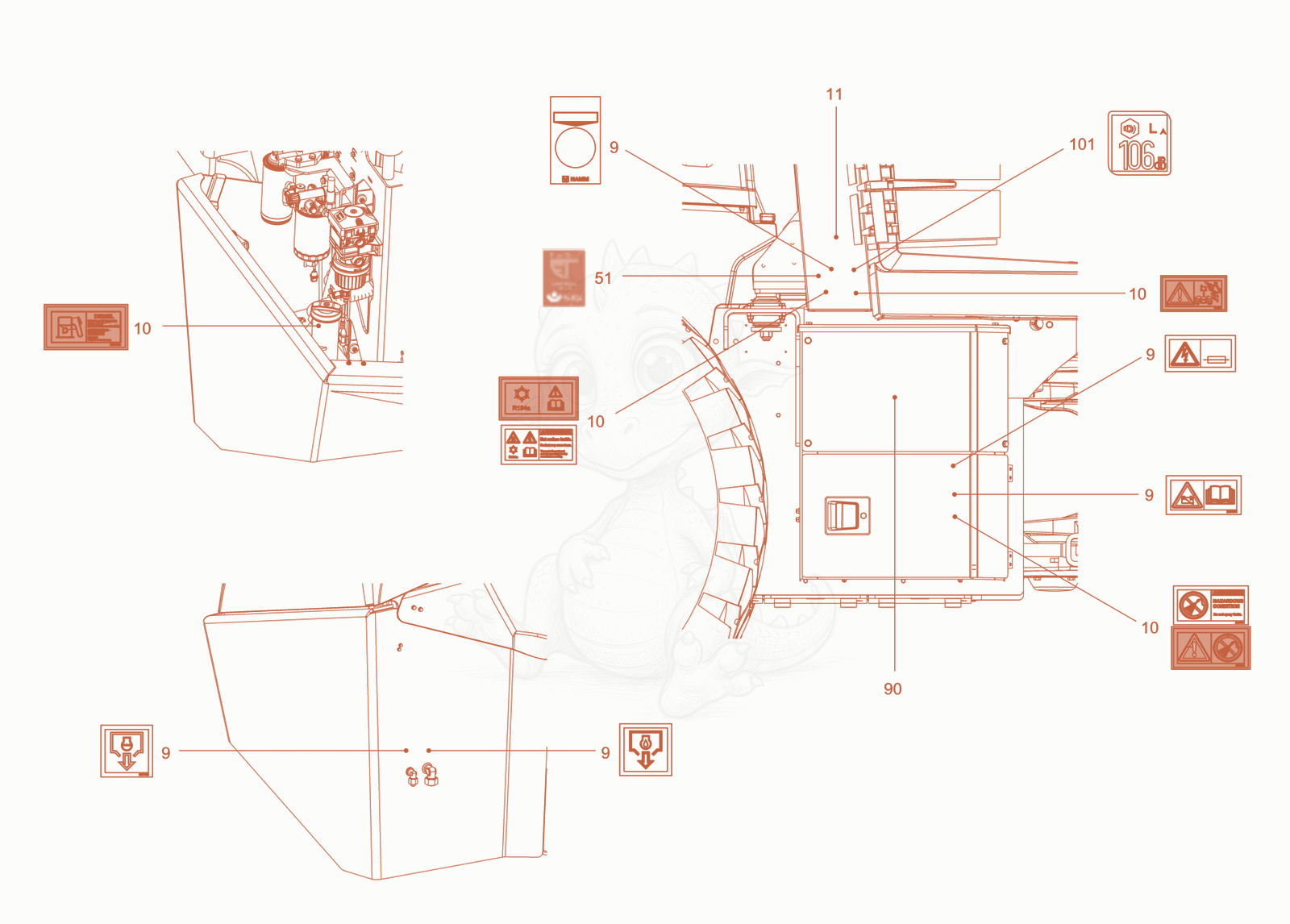Exploded parts diagram of the sticker arrangement of a Wacker Neuson RC110ROPS, with numbered balloons