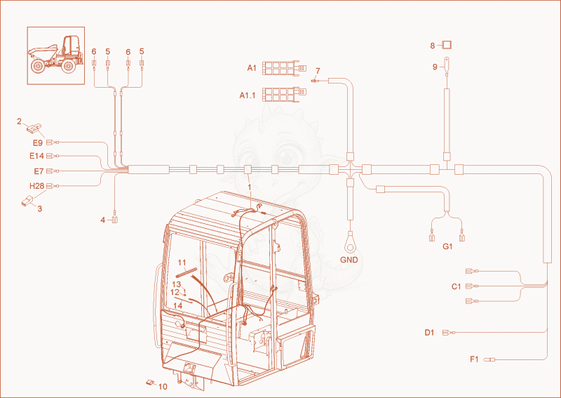 Despiece del WIRE HARNESS CABIN (Option) de una máquina Wacker Neuson 6001, con globos numerados