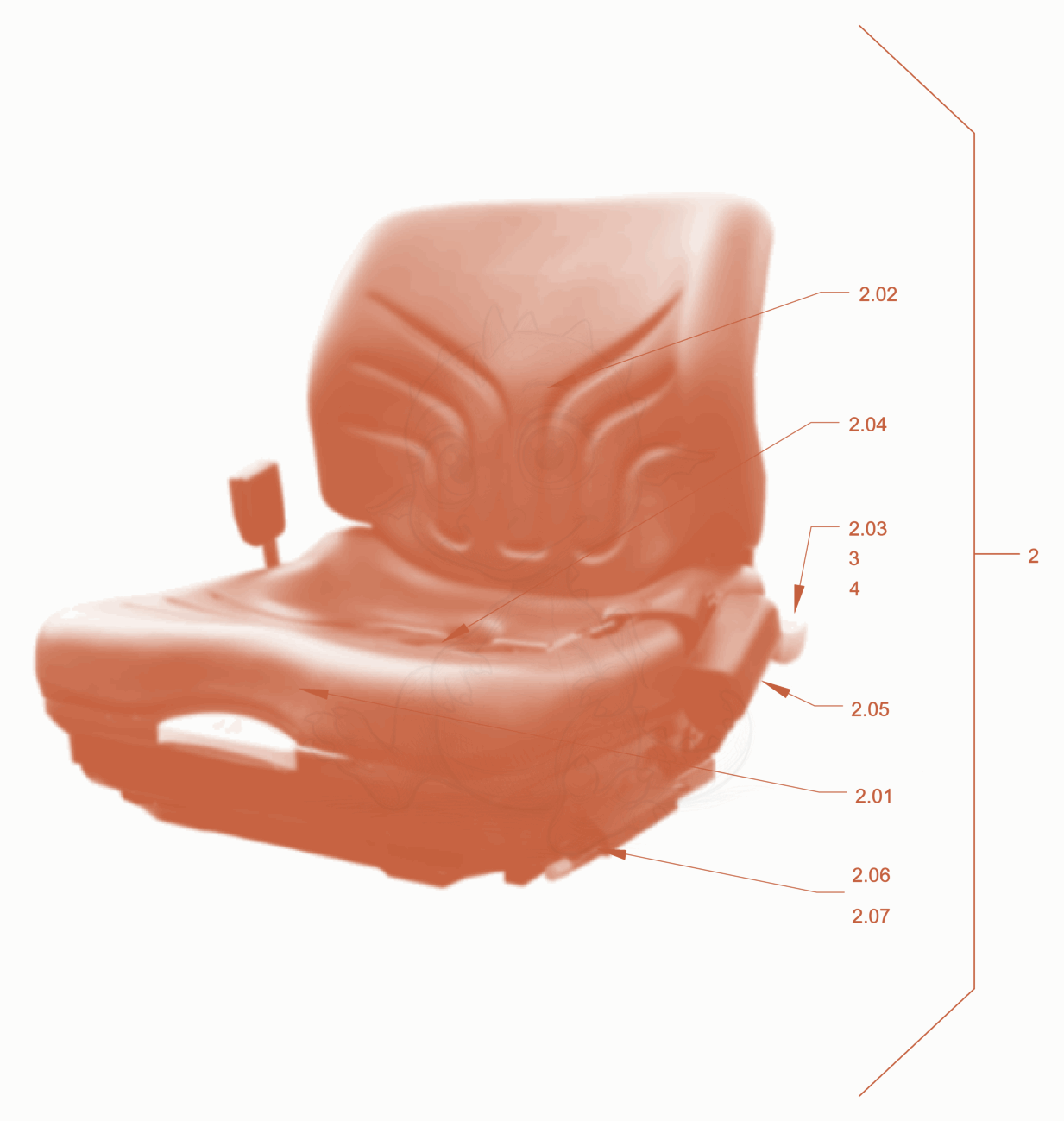 Exploded parts diagram of the Operator's seat withadjustment of a Wacker Neuson RD45-140, with numbered balloons