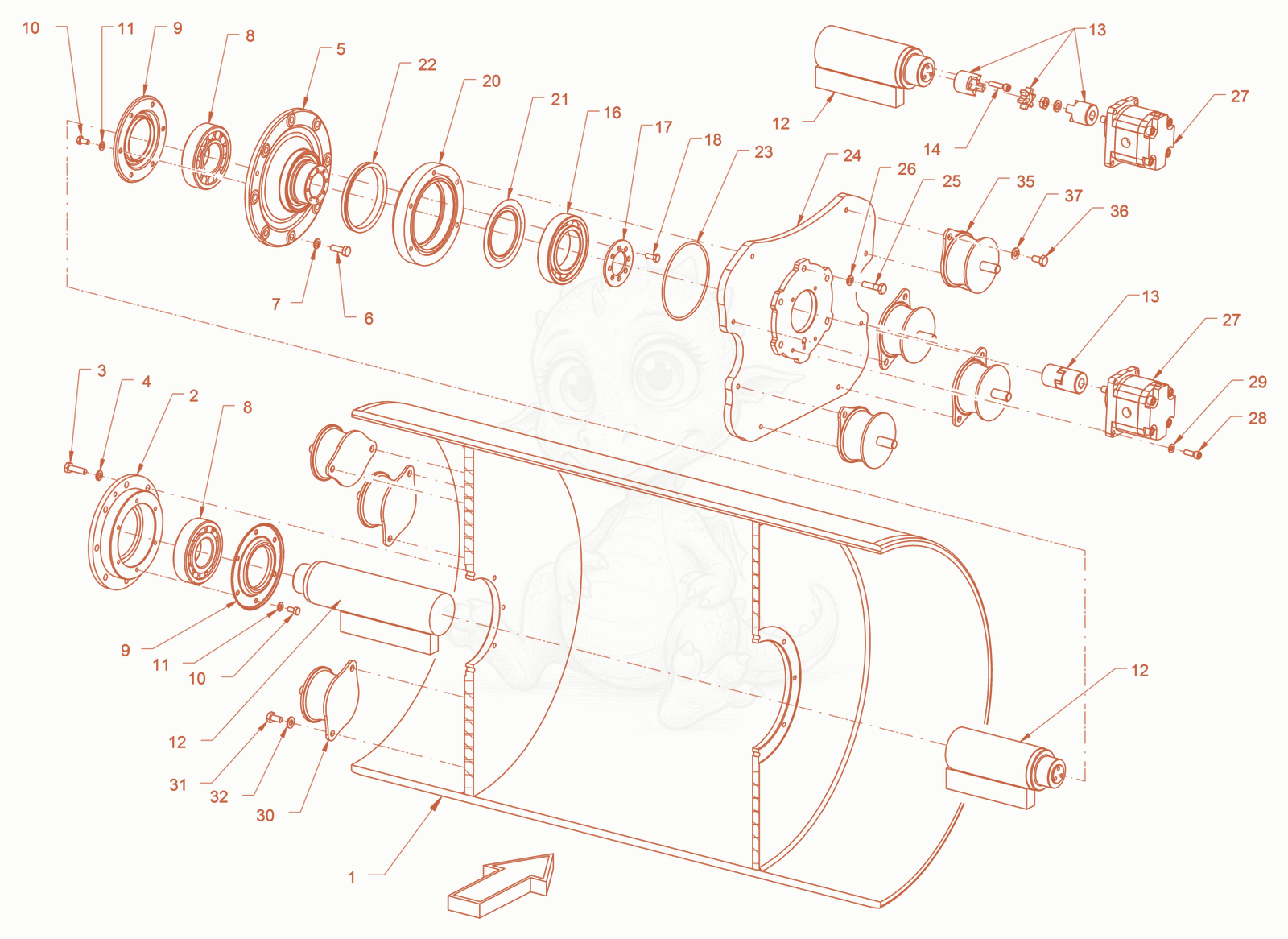 Exploded parts diagram of the smooth roller drum with vibrator of a Wacker Neuson RD27-120.3, with numbered balloons