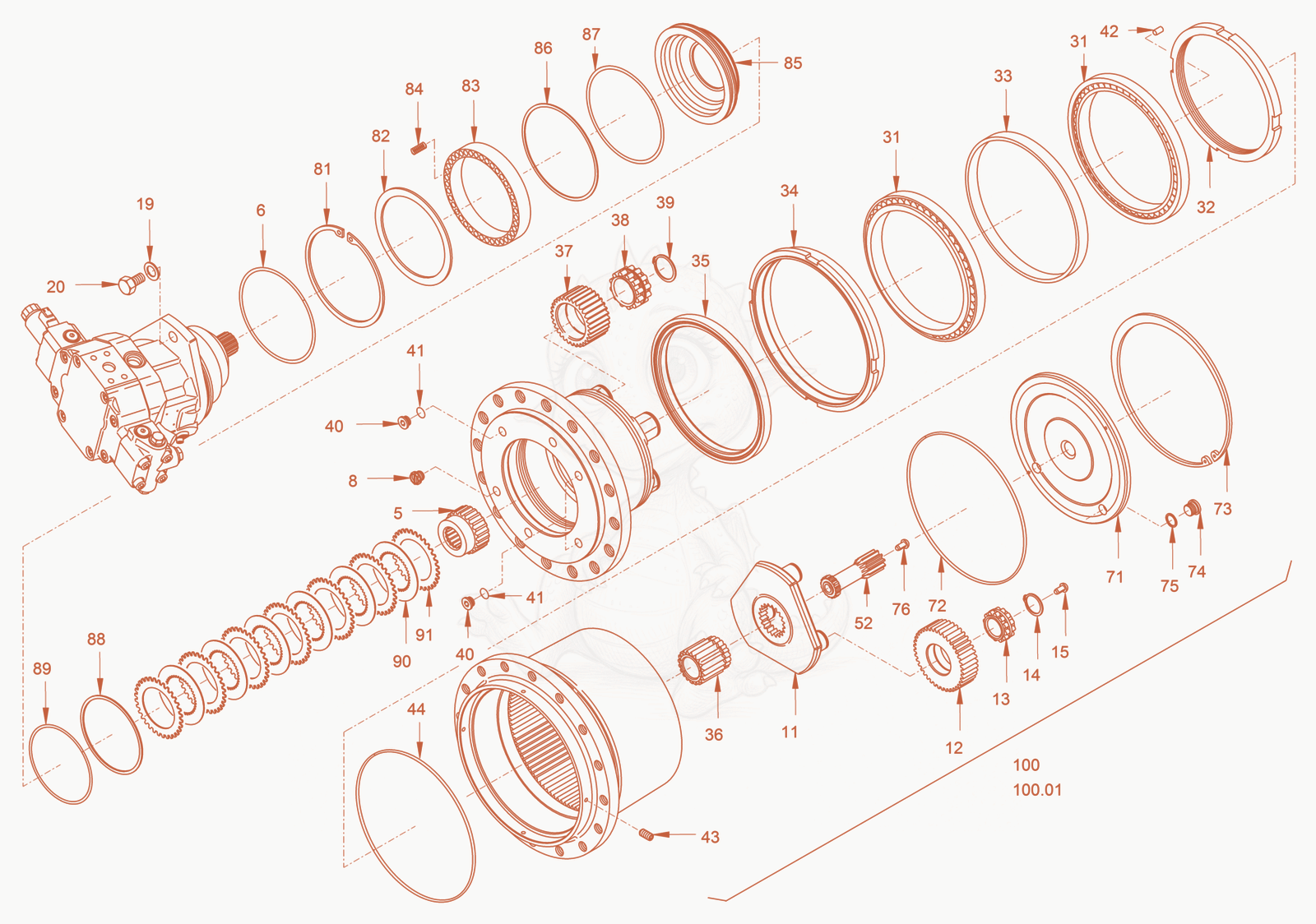 Exploded parts diagram of the wheel gear of a Wacker Neuson RC110, with numbered balloons