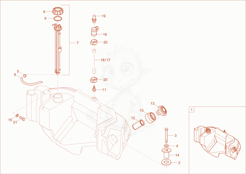 Exploded parts diagram of the fuel tank of a Wacker Neuson DV100, with numbered balloons