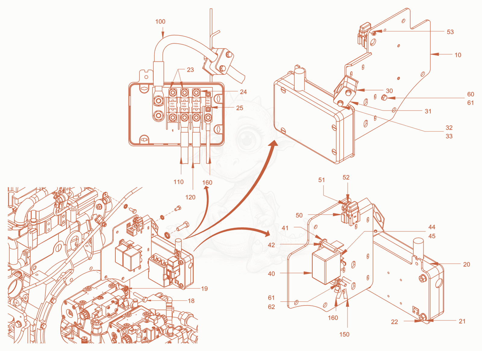 Exploded parts diagram of the electrical system of a Wacker Neuson RC110PUSCAB, with numbered balloons