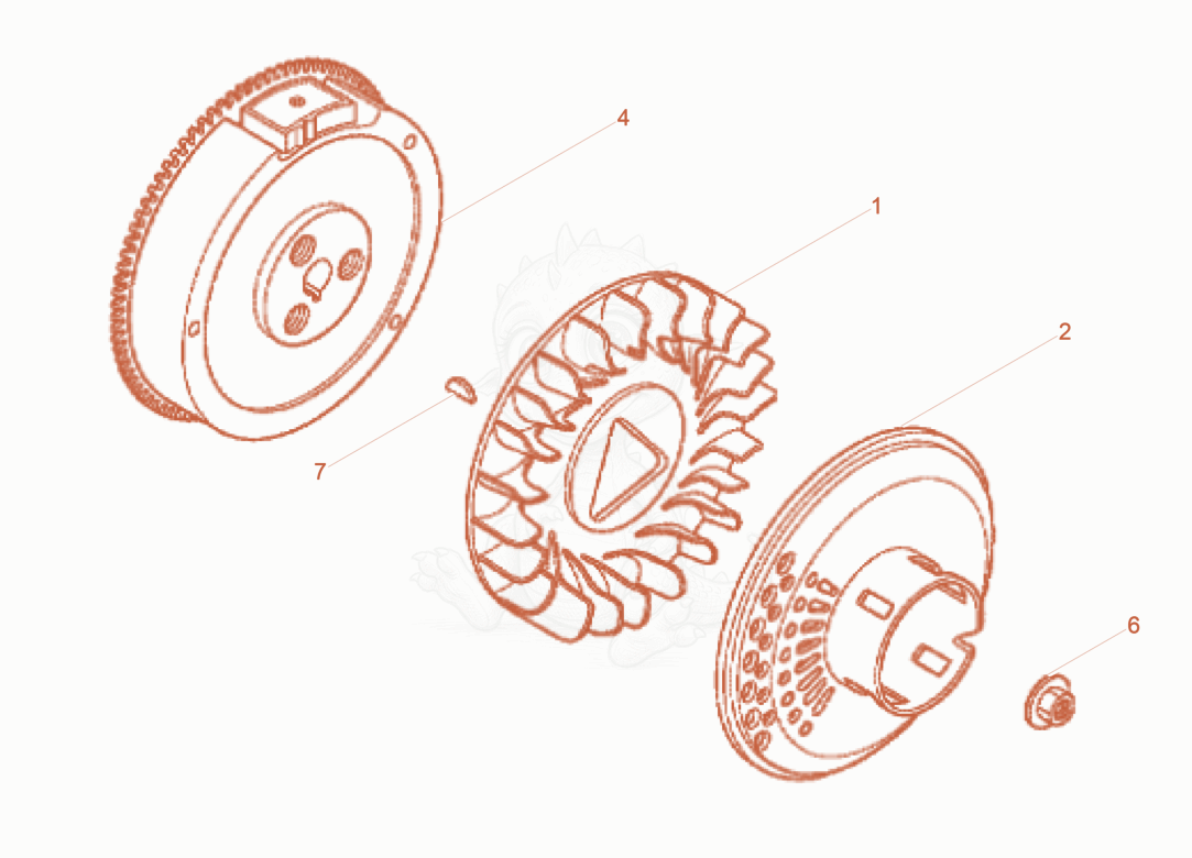 Exploded parts diagram of the Fly wheel of a Wacker Neuson XPUKMAT, with numbered balloons