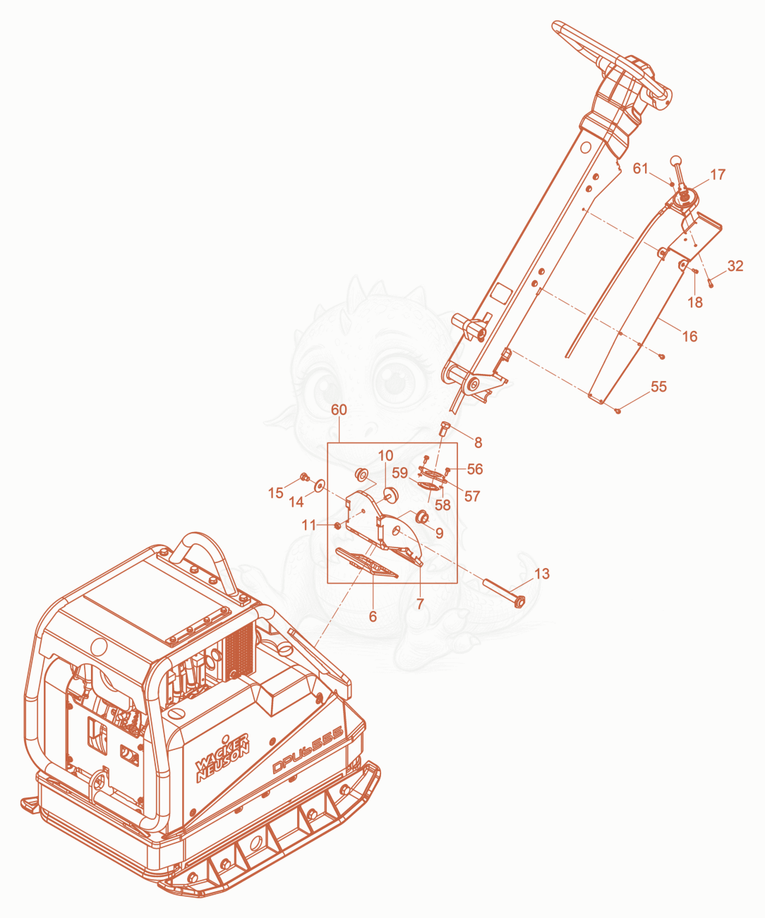 Exploded parts diagram of the Vibratory Plate cpl. of a Wacker Neuson DPU6555HECUS, with numbered balloons