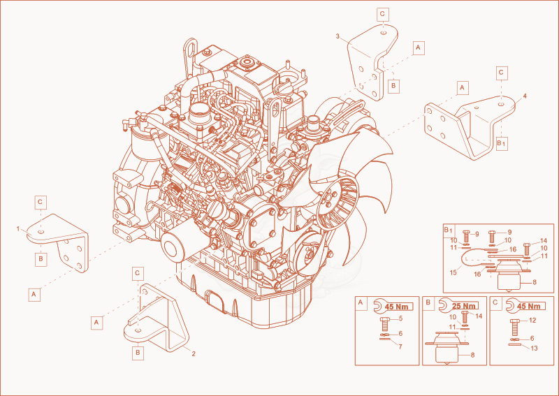 Despiece del Engine bedding de una máquina Wacker Neuson 3703RD, con globos numerados