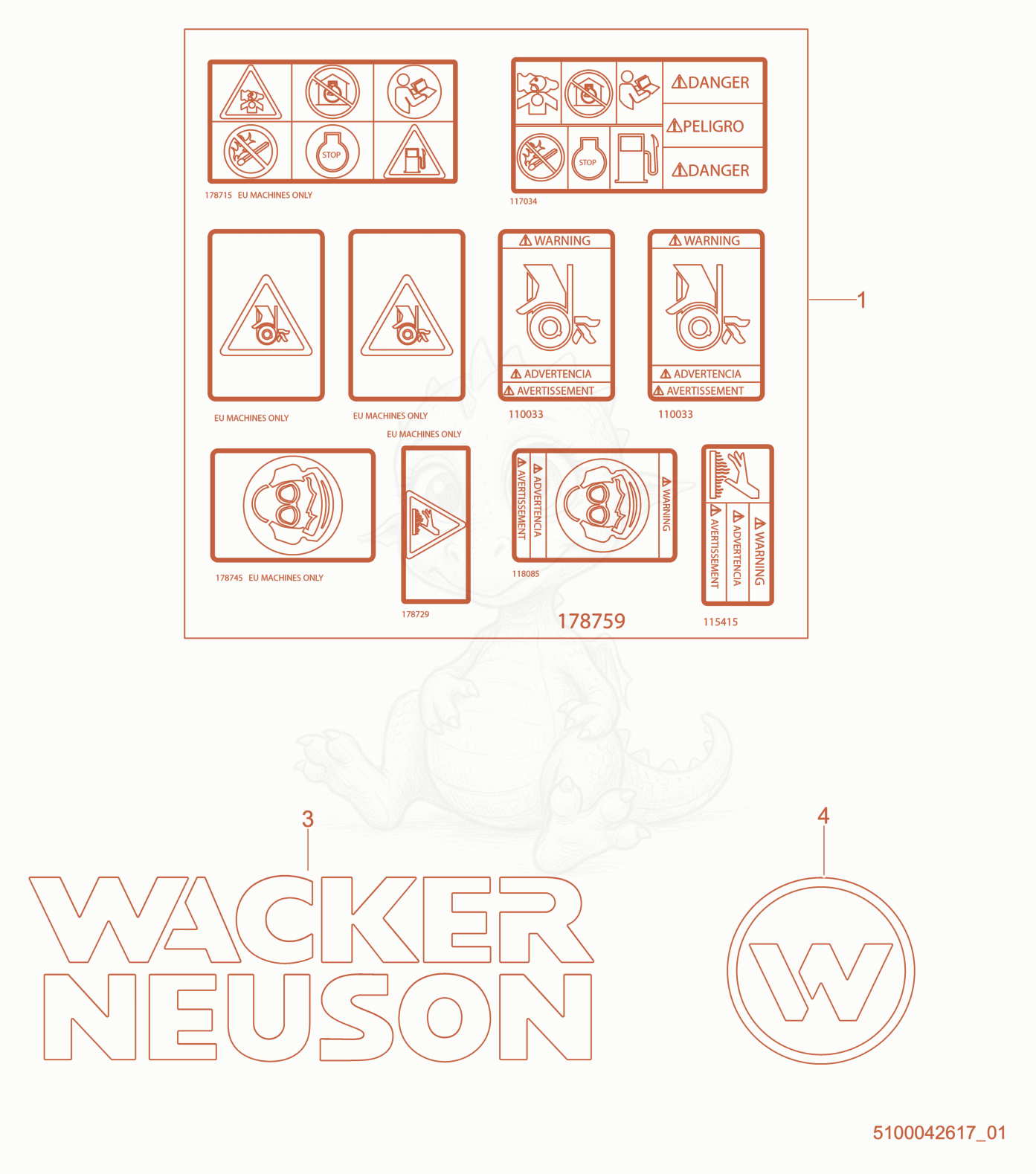 Despiece del Labels de una máquina Wacker Neuson BV50A-H, con globos numerados