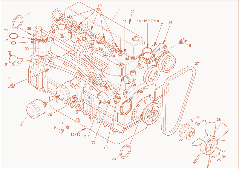 Exploded parts diagram of the diesel engine of a Wacker Neuson 4500/7002, with numbered balloons