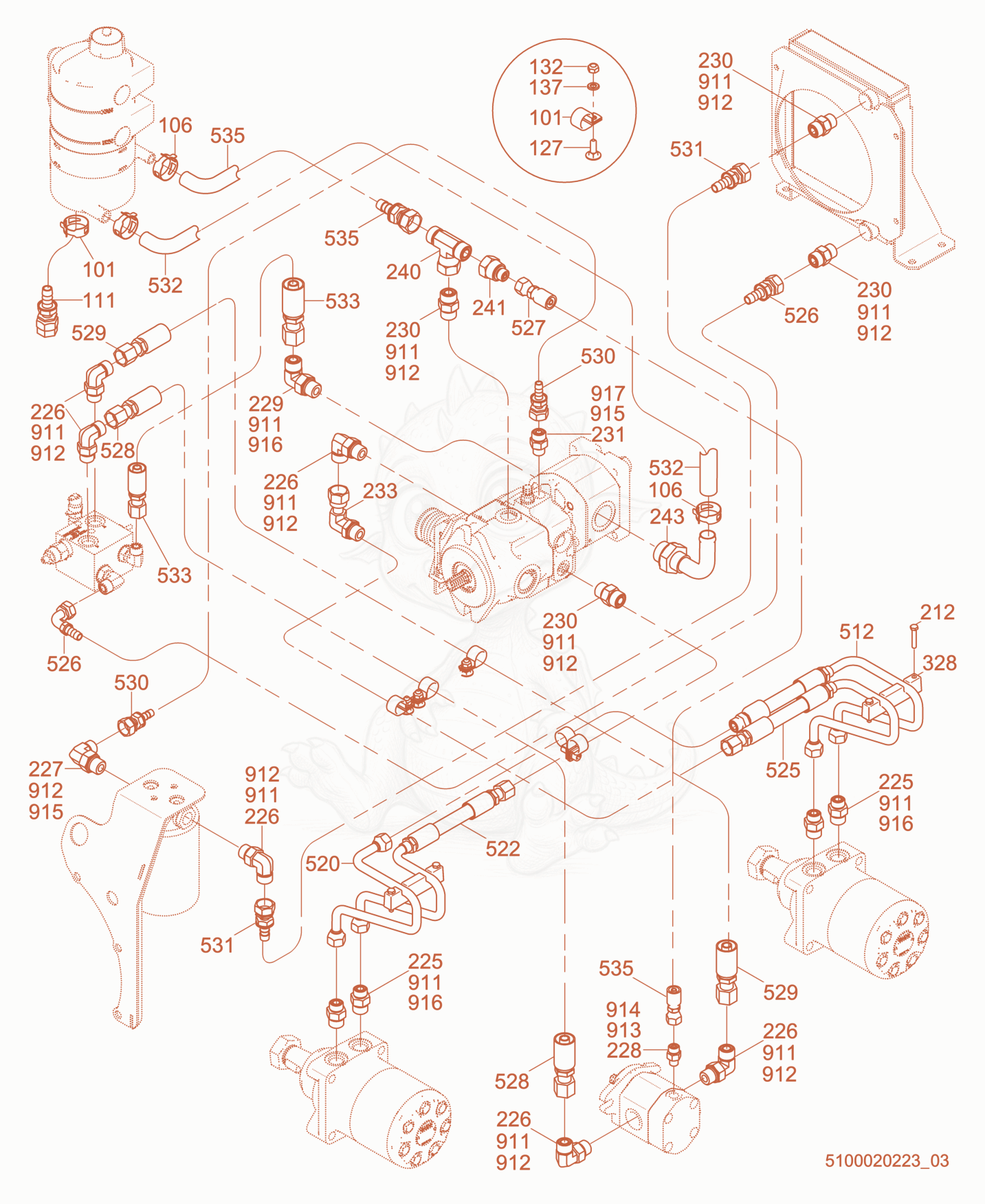 Exploded parts diagram of the Hydraulic Piping of a Wacker Neuson RD7HE, with numbered balloons