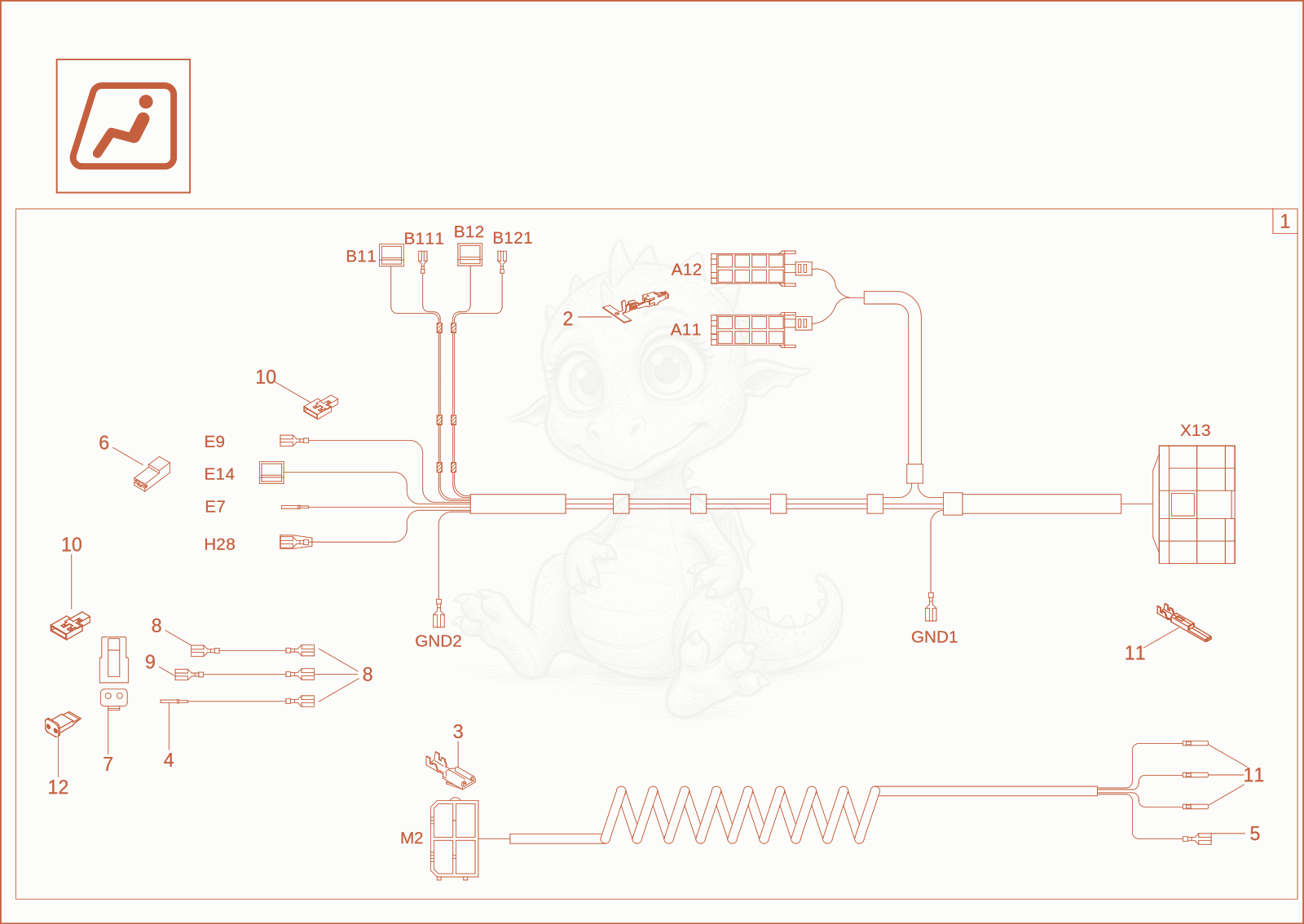 Despiece del wiring harness roof de una máquina Wacker Neuson ET35, con globos numerados
