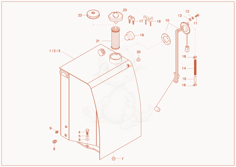 Exploded parts diagram of the fuel tank of a Wacker Neuson 12002RD, with numbered balloons