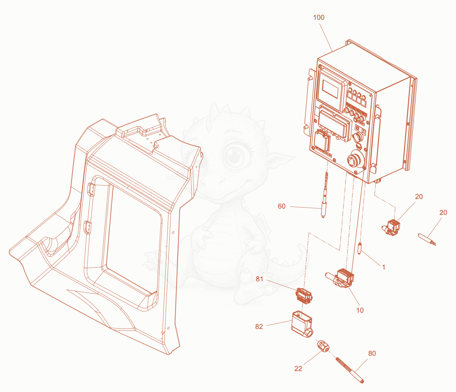 Exploded parts diagram of the cabling , control panel of a Wacker Neuson LTN5YSA, with numbered balloons