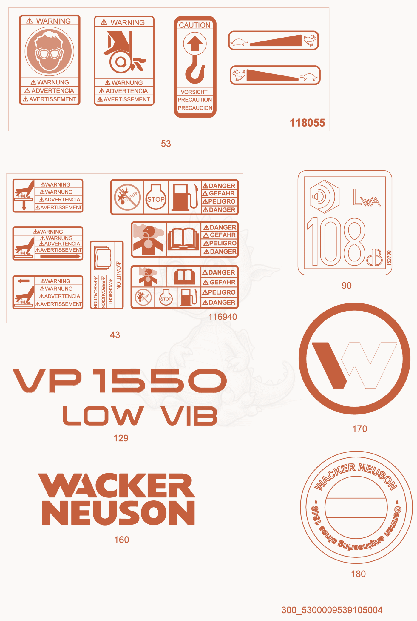Despiece del Labels de una máquina Wacker Neuson AP1550R, con globos numerados