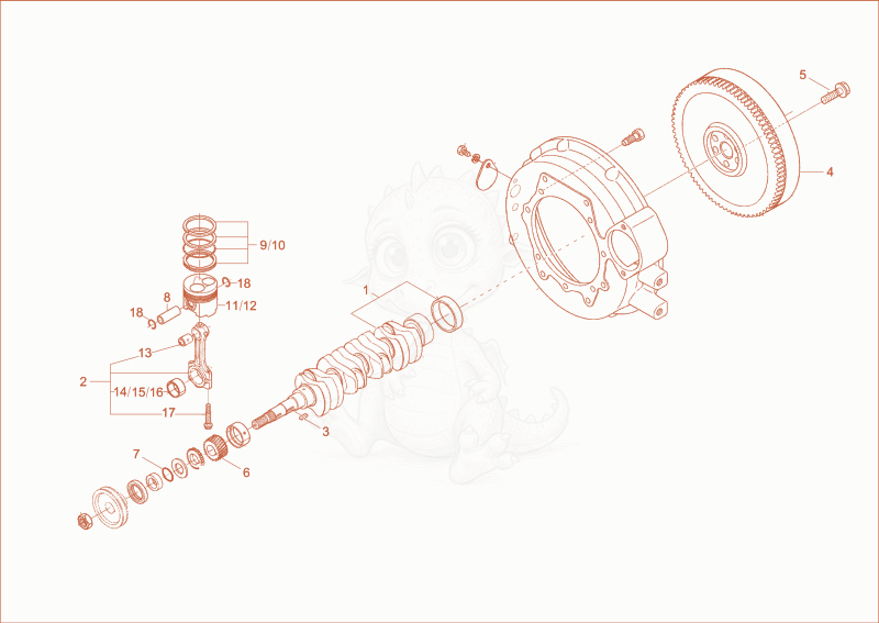 Exploded parts diagram of the crankshaft, piston of a Wacker Neuson DT25, with numbered balloons