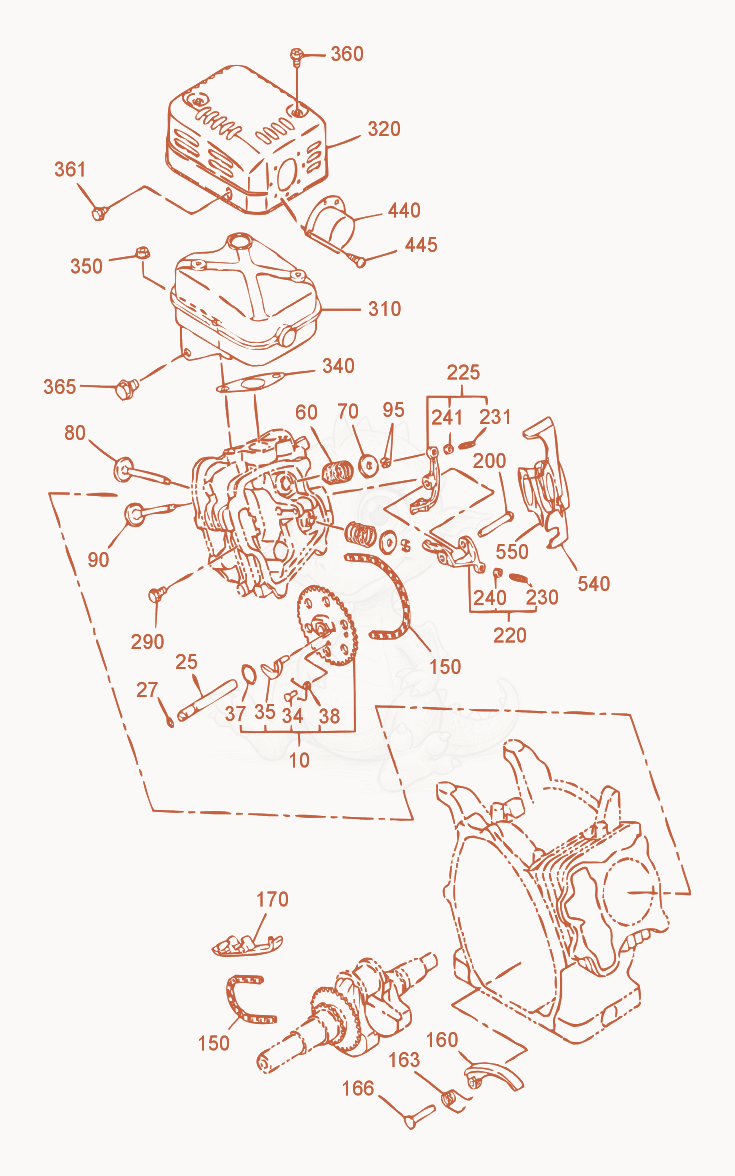 Exploded parts diagram of the Camshaft/Muffler/Valves-Old Style of a Wacker Neuson PT2, with numbered balloons