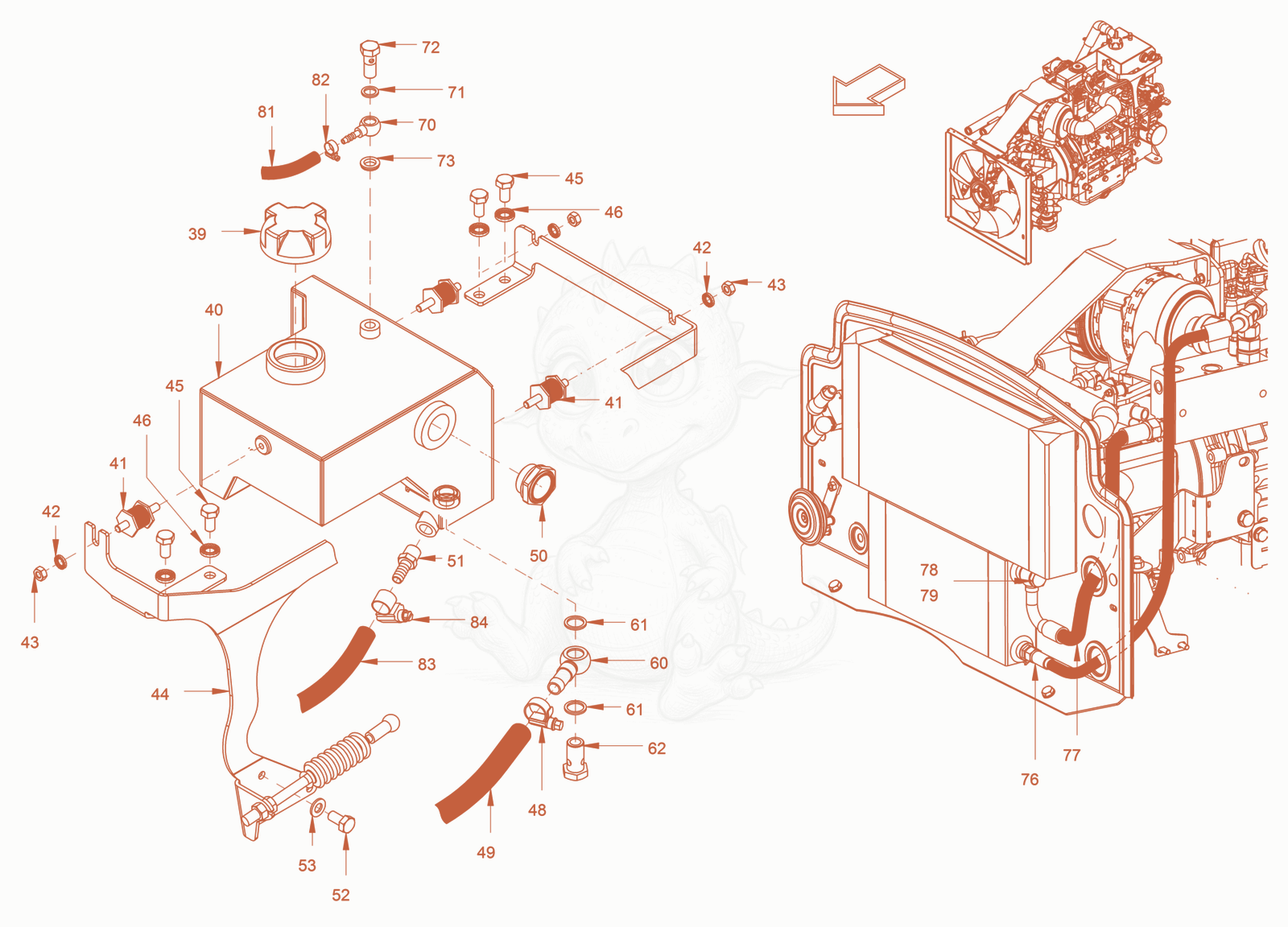 Exploded parts diagram of the cooling (engine/hydraulic oil) of a Wacker Neuson RD24-100OUS, with numbered balloons