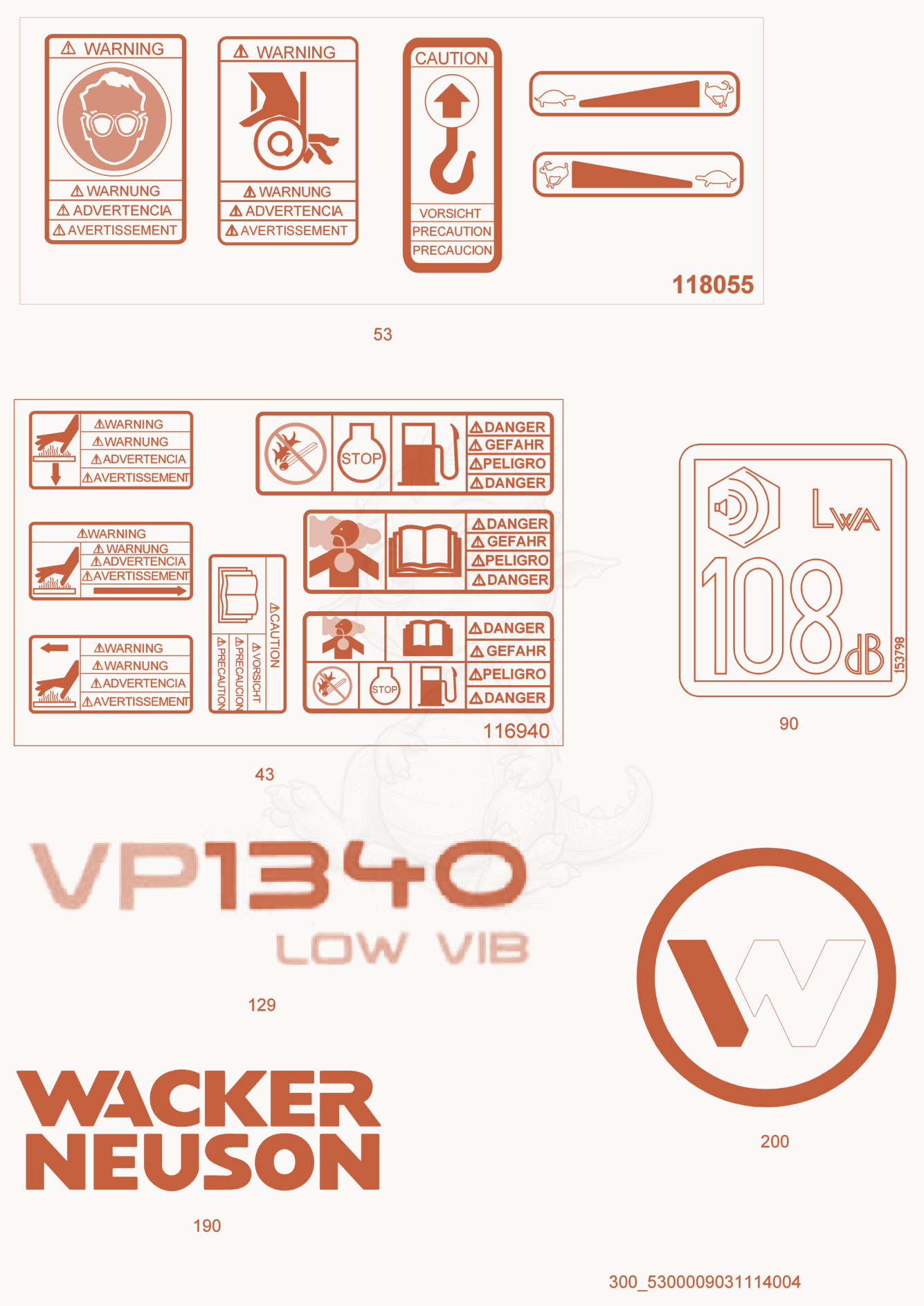 Exploded parts diagram of the Labels of a Wacker Neuson VP1340WW/WH, with numbered balloons
