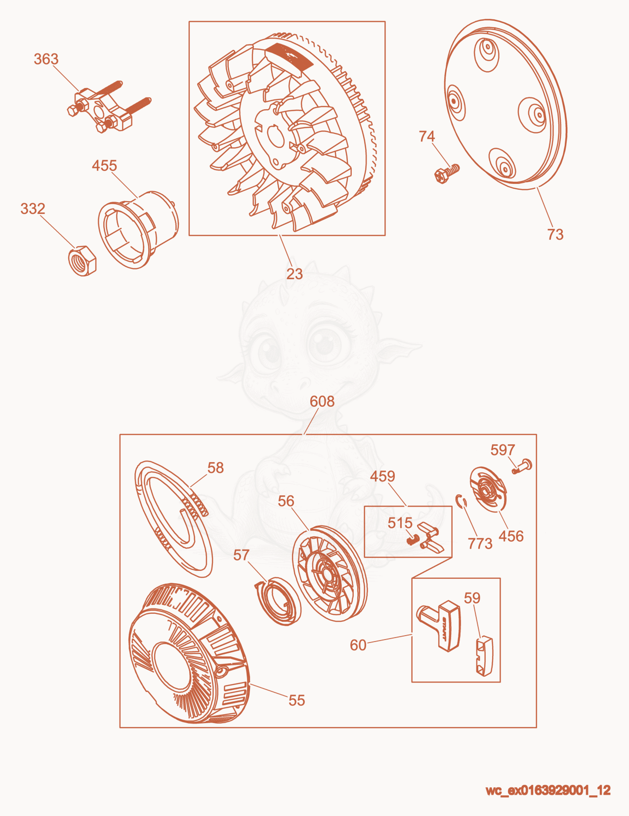 Exploded parts diagram of the Flywheel/Starter of a Wacker Neuson PTS4V, with numbered balloons