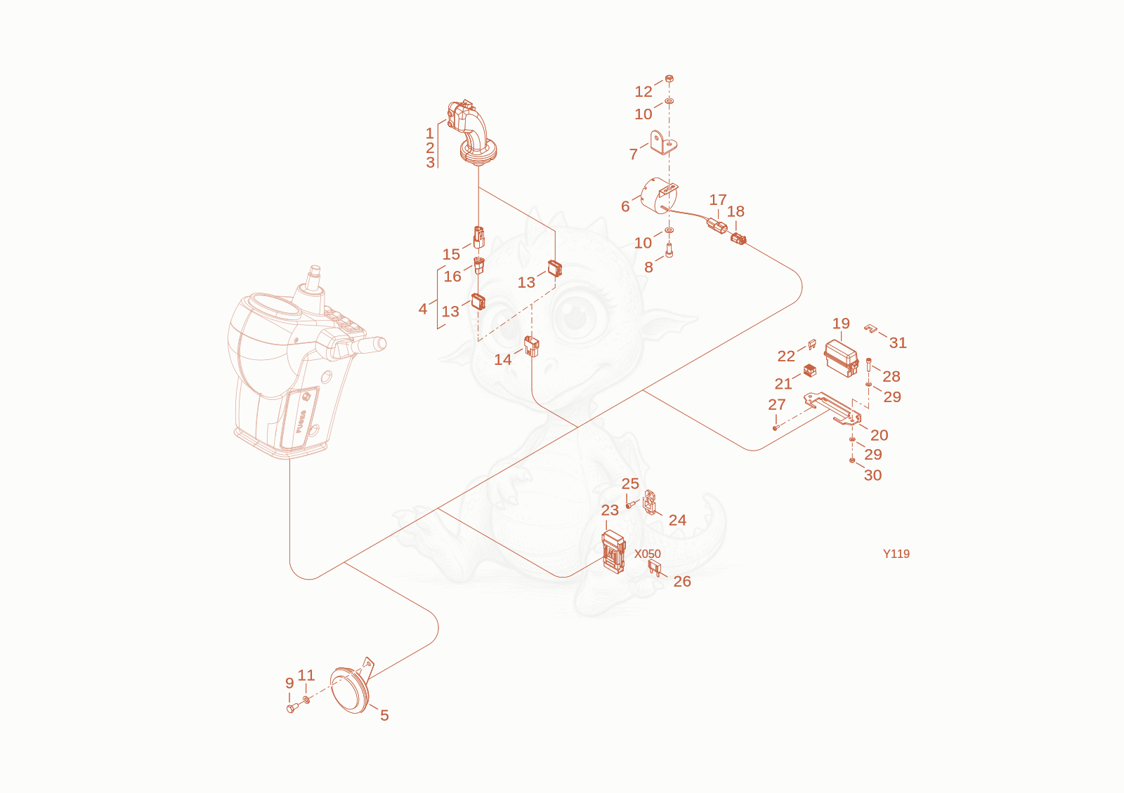 Exploded parts diagram of the electric of a Wacker Neuson WL20E, with numbered balloons