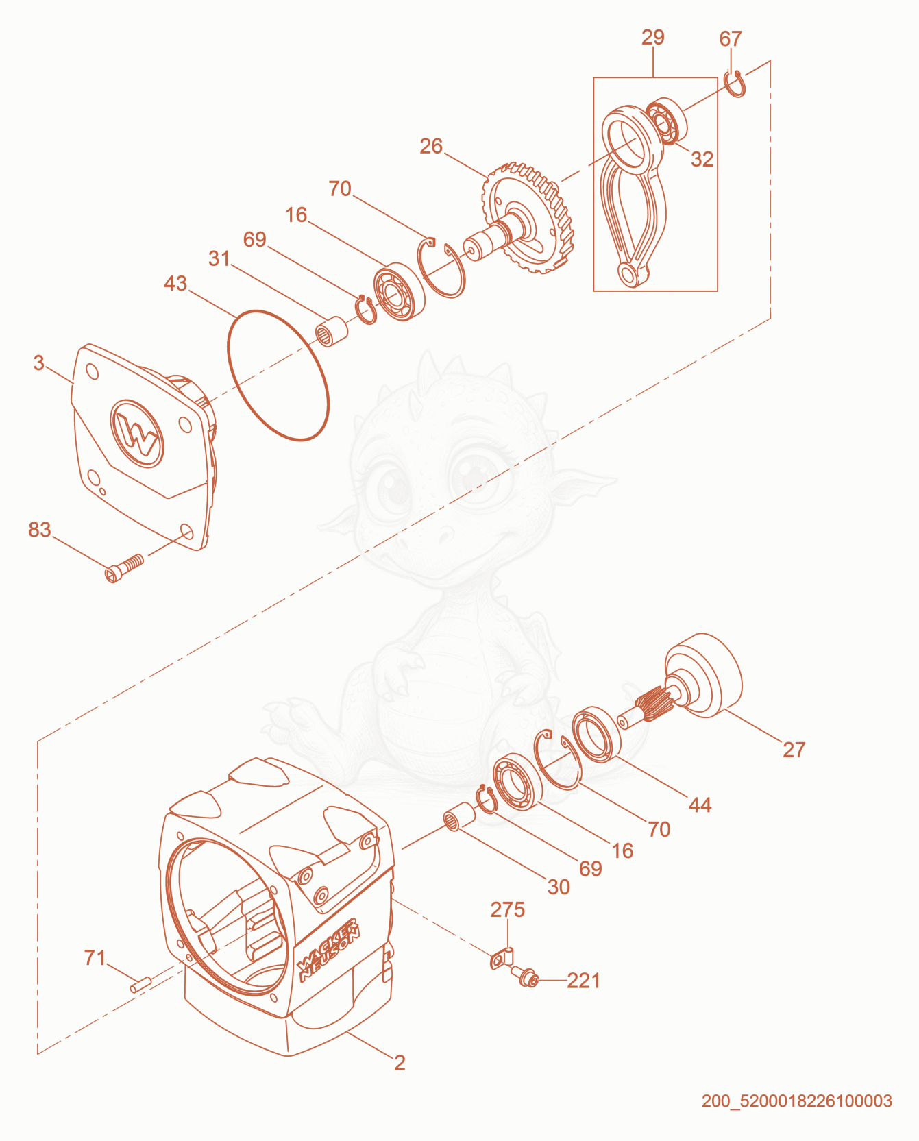 Exploded parts diagram of the Crankcase cpl. of a Wacker Neuson BS50-4AS, with numbered balloons