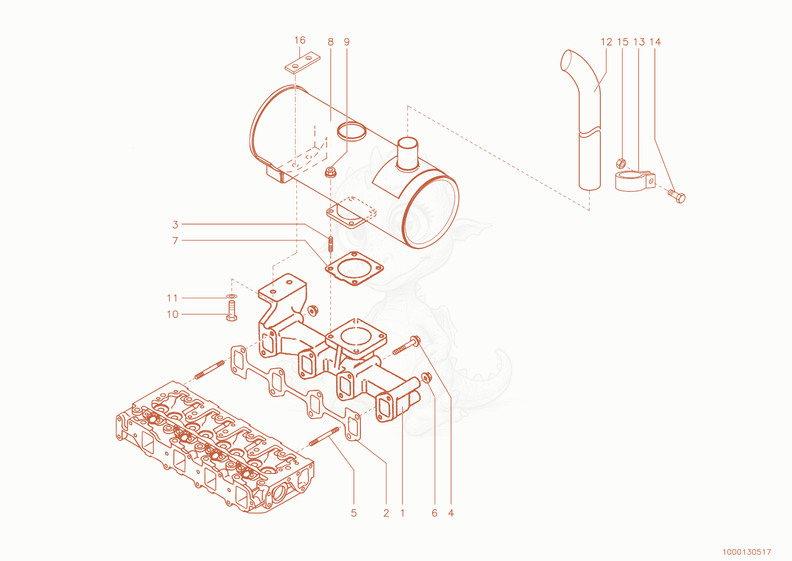 Exploded parts diagram of the exhaust components of a Wacker Neuson 280, with numbered balloons